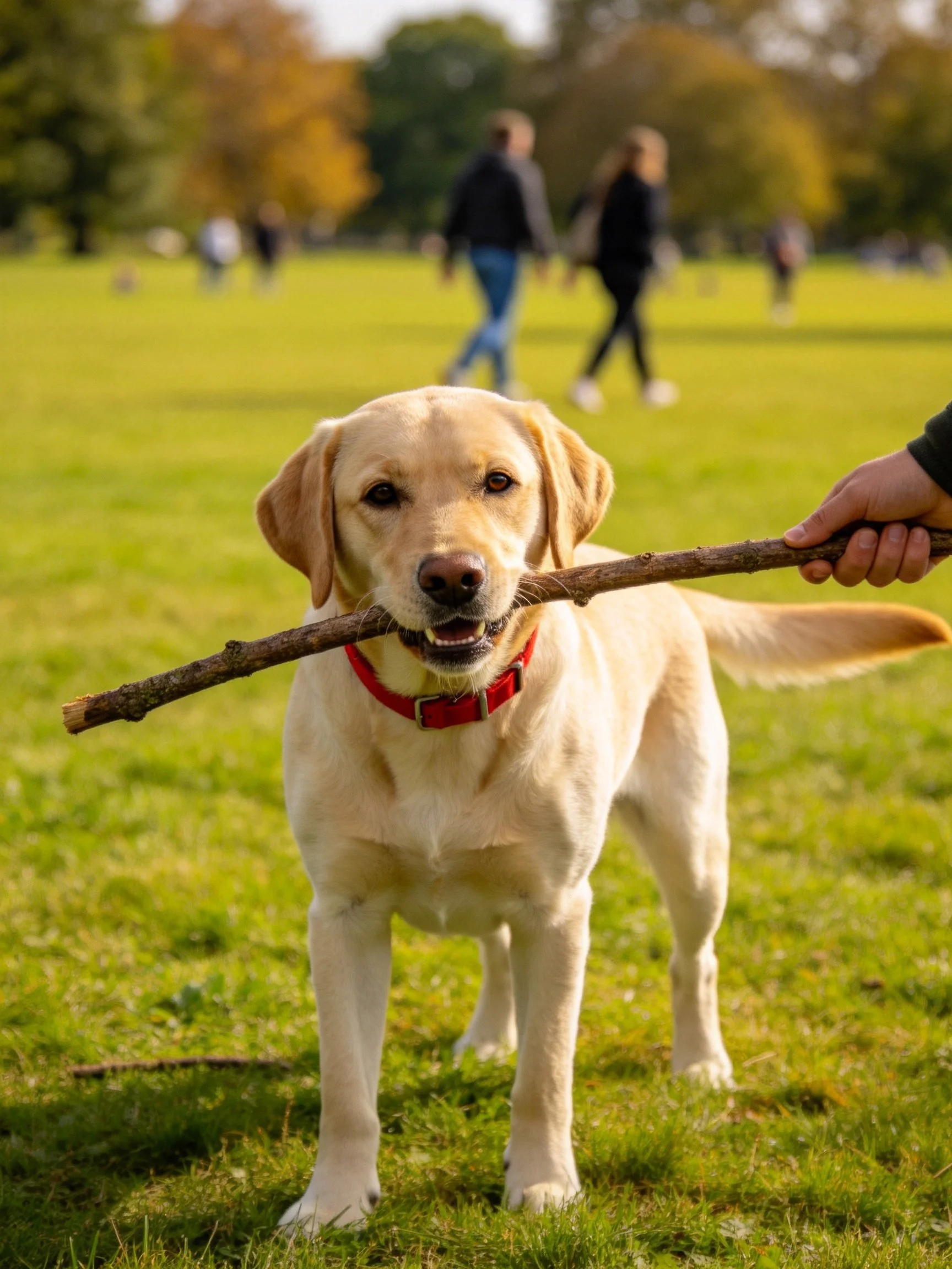 A yellow Labrador retrieves a wooden stick in a sunlit park