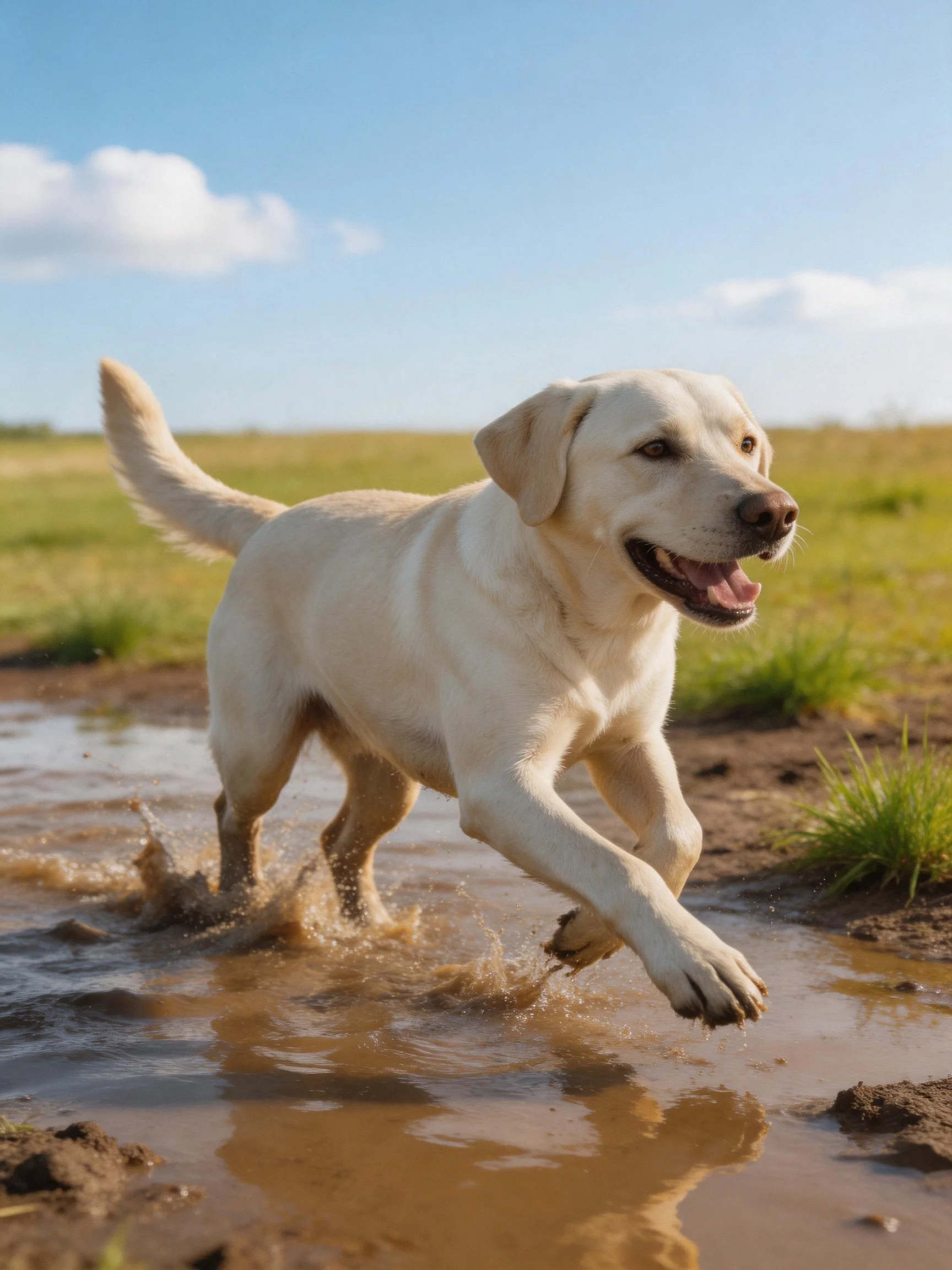 A yellow Labrador joyfully runs through a muddy puddle in an open field.
