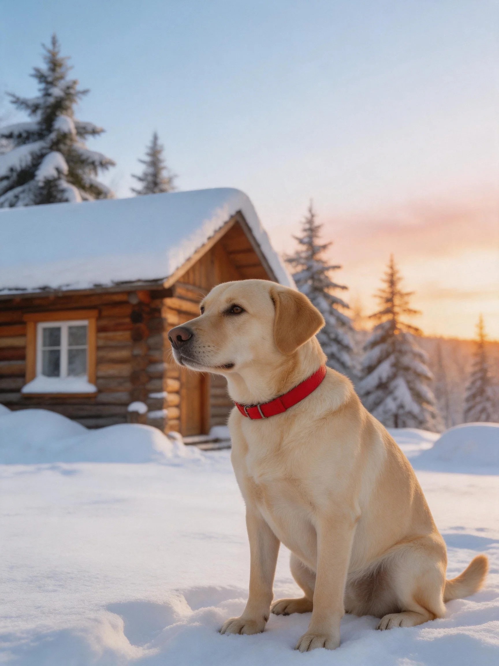 A yellow Labrador sits outside a snow - filled log cabin with snowy trees