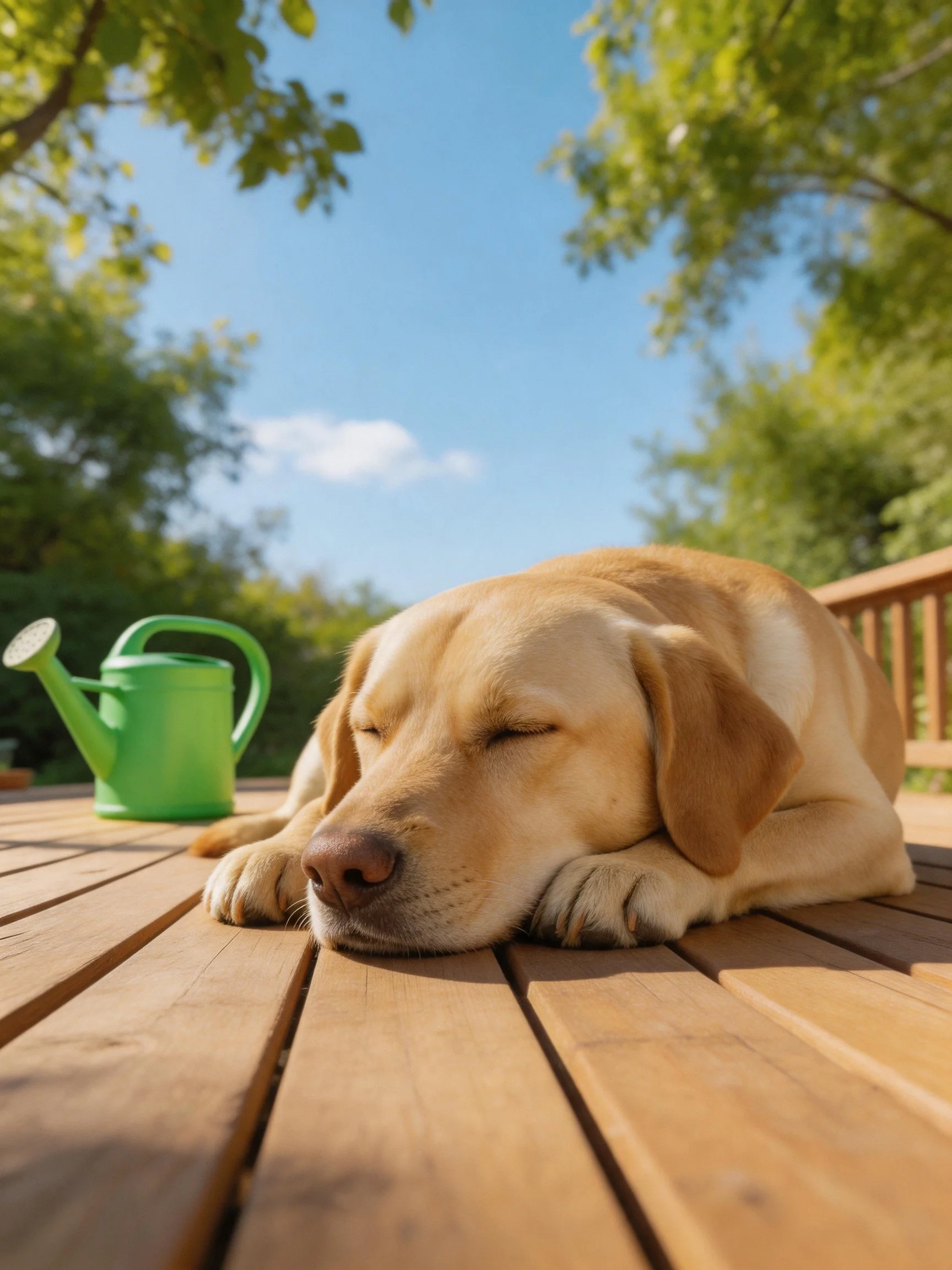 A yellow Labrador rests on a wooden deck in a sunlit outdoor space.