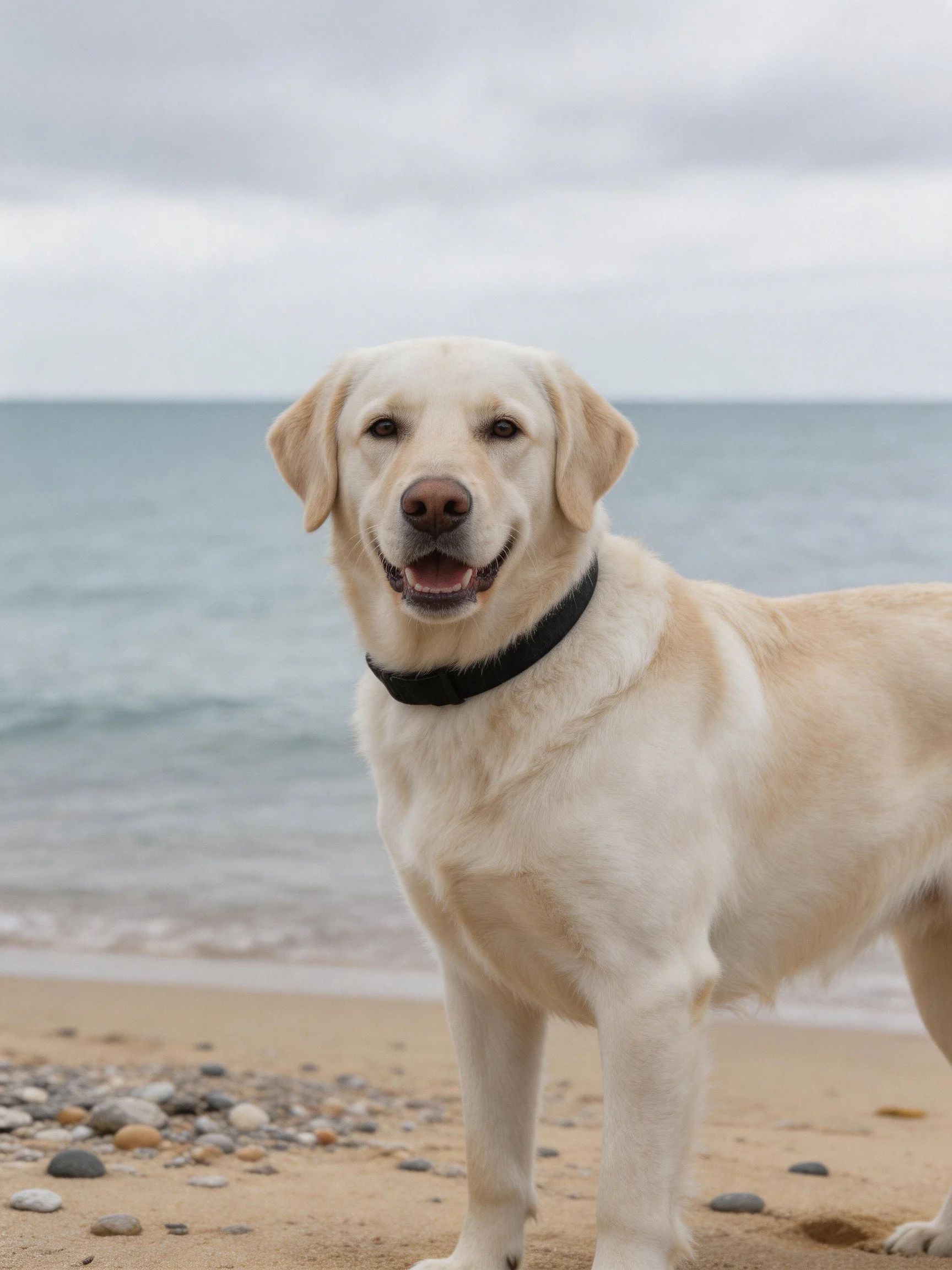 A yellow Labrador stands on a pebbly sandy beach by calm blue waters