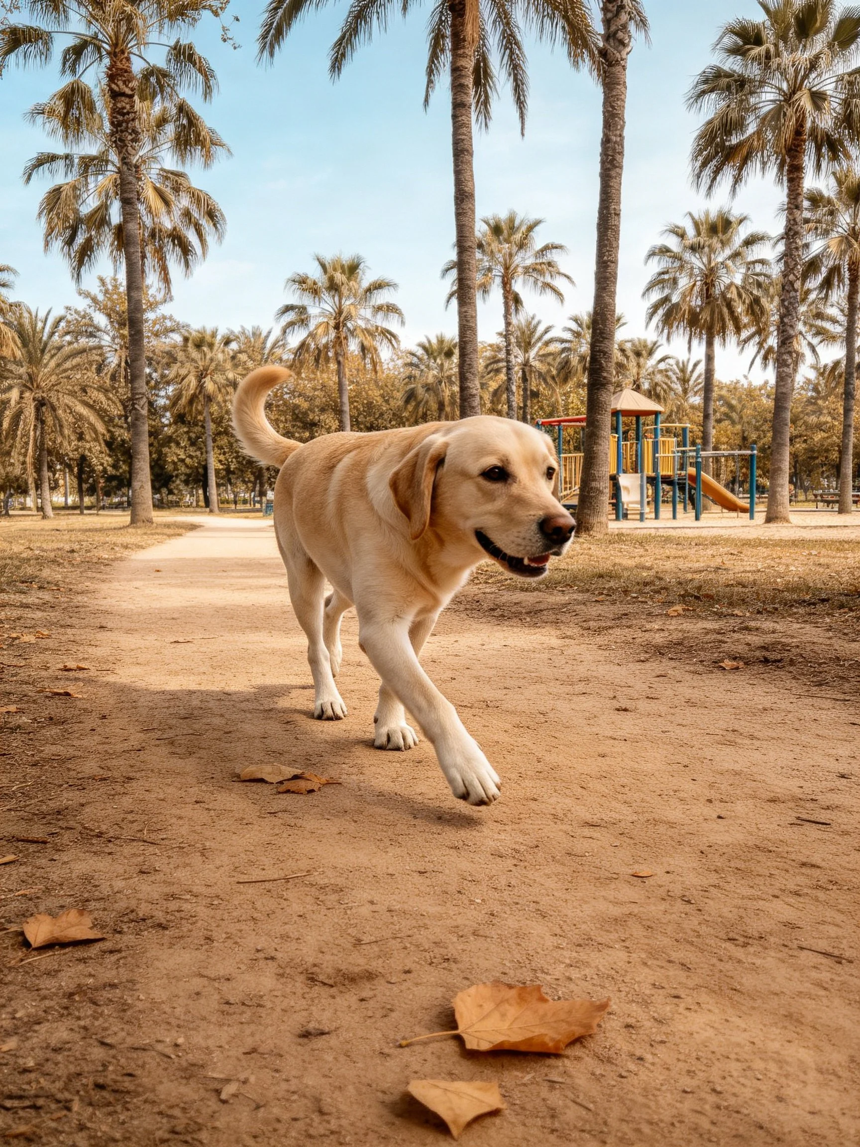 A yellow Labrador walks on a dusty park path near palm trees and a playground.