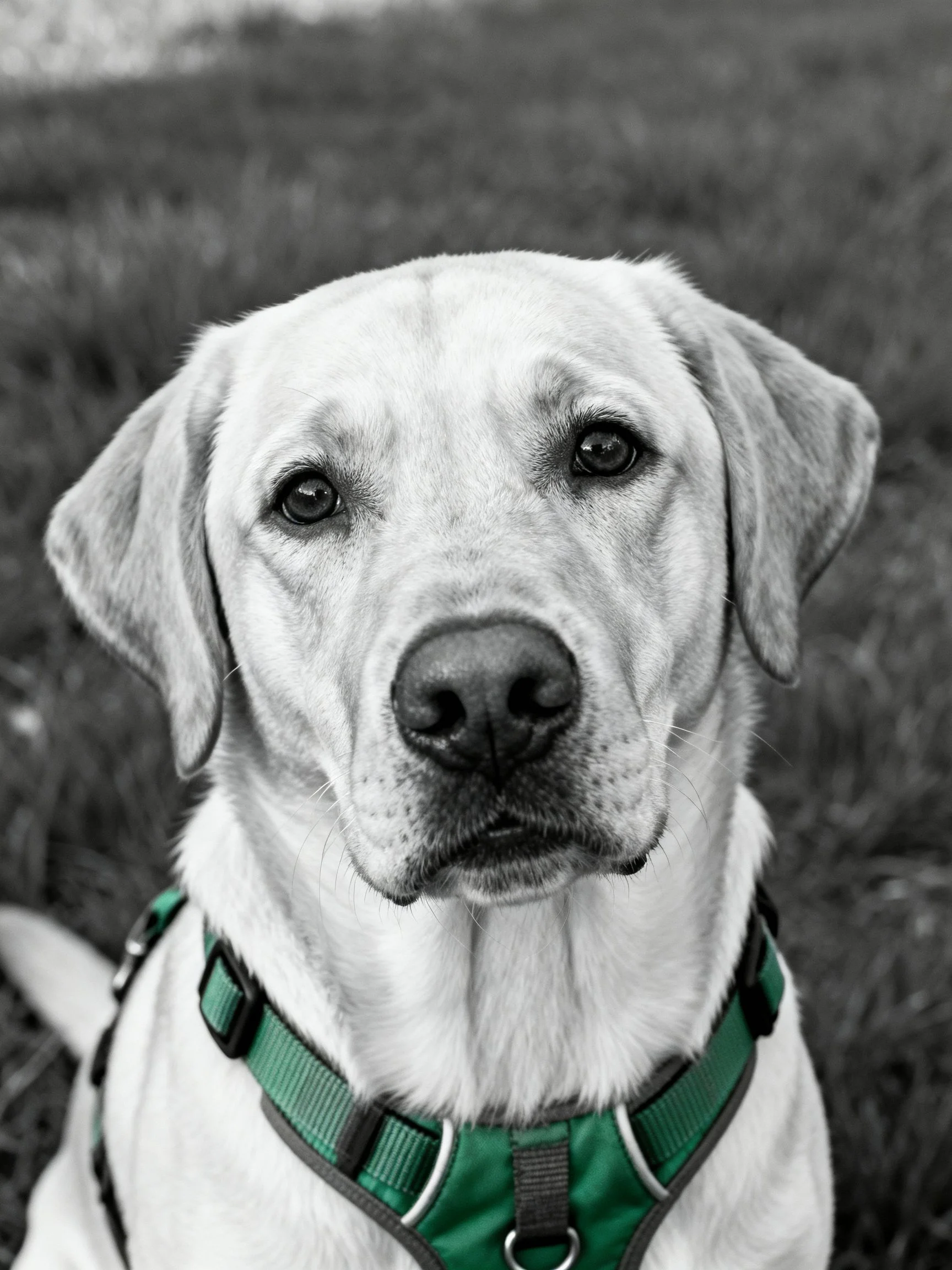 A yellow Labrador with a green harness is shown in a mostly black-and-white photograph.