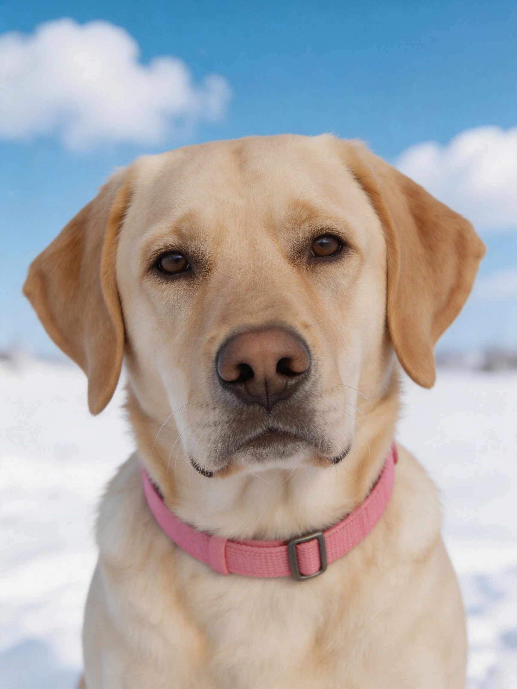 A yellow Labrador wearing a pink collar stands in a snowy area with a blue sky.