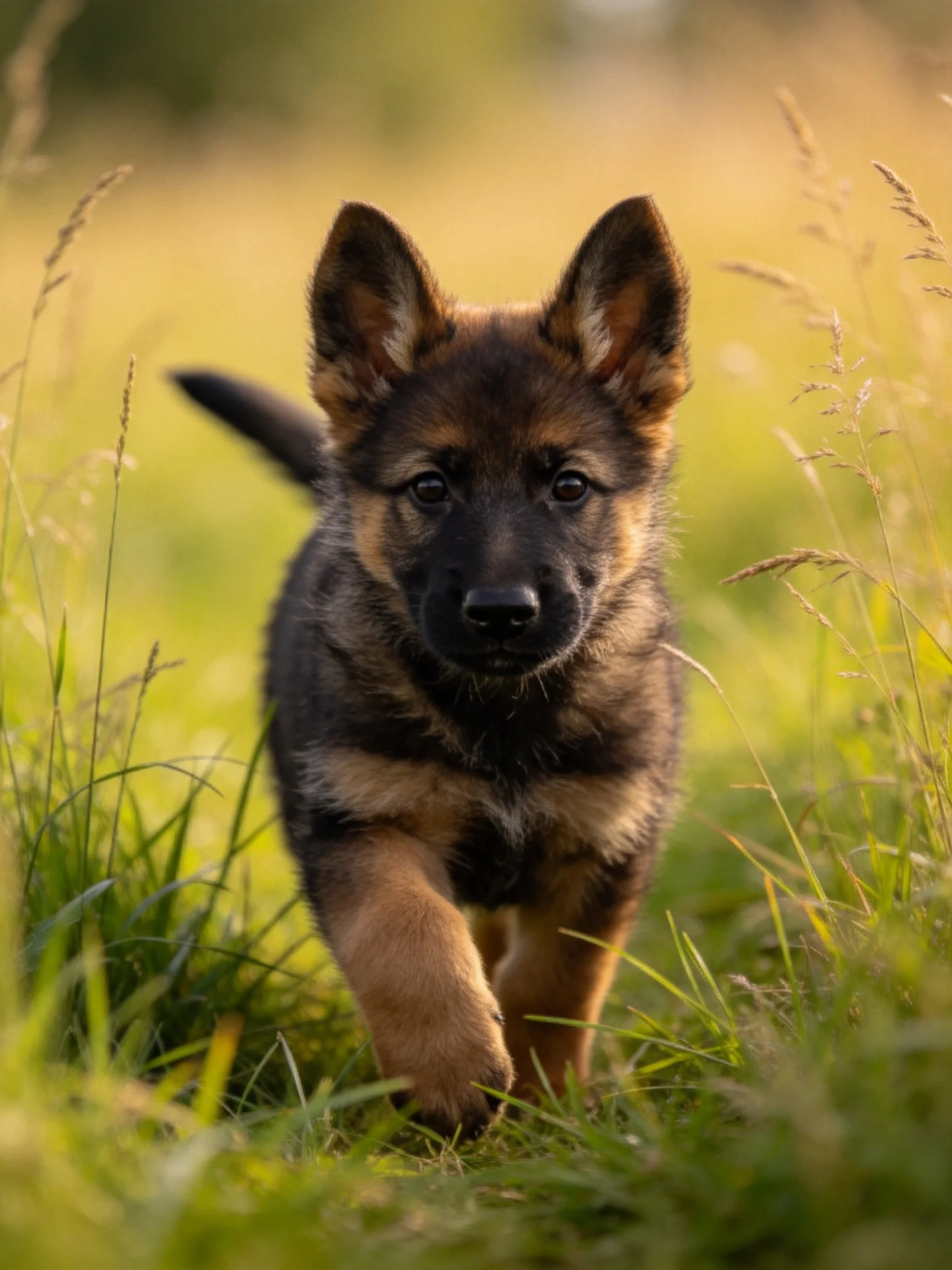 A young German Shepherd puppy walks through tall green grass in a sunlit meadow.