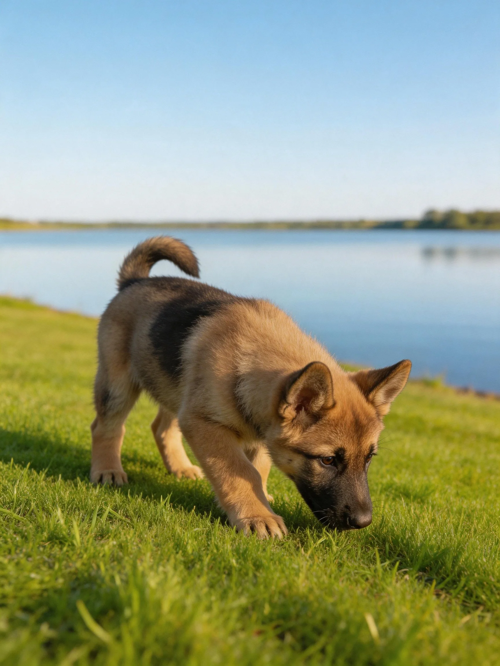 A young German Shepherd puppy sniffs the grass near a calm body of water.