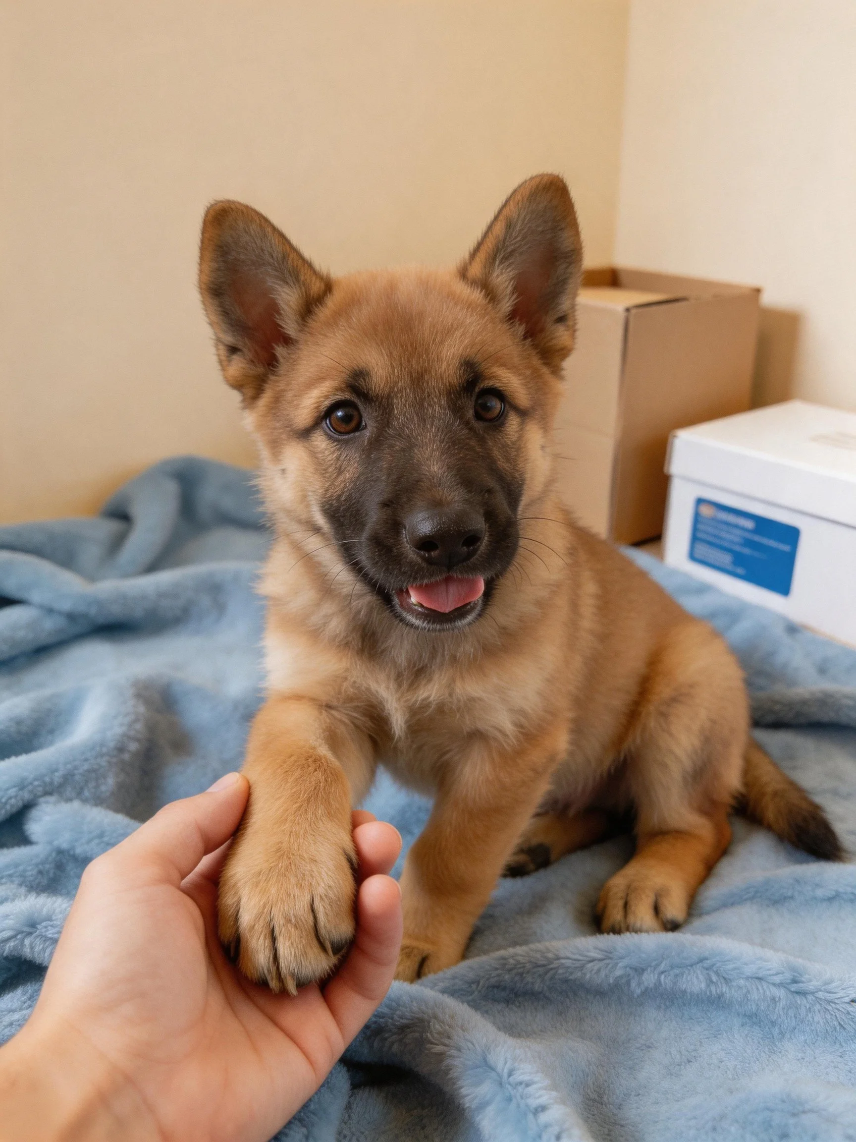 A young German Shepherd puppy engages with a human hand while sitting on a blue blanket.