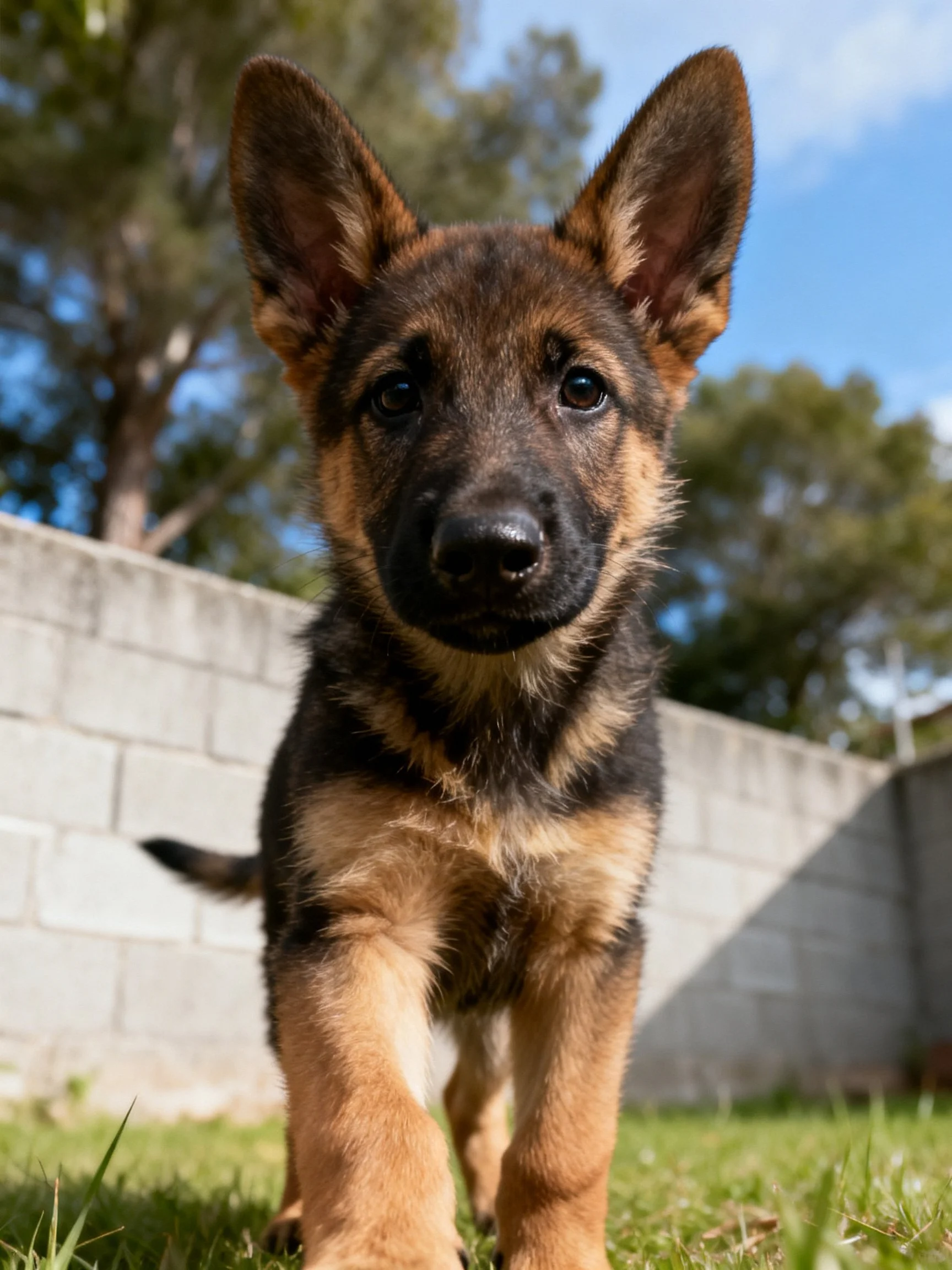 A young German Shepherd puppy stands on grass near a concrete wall.