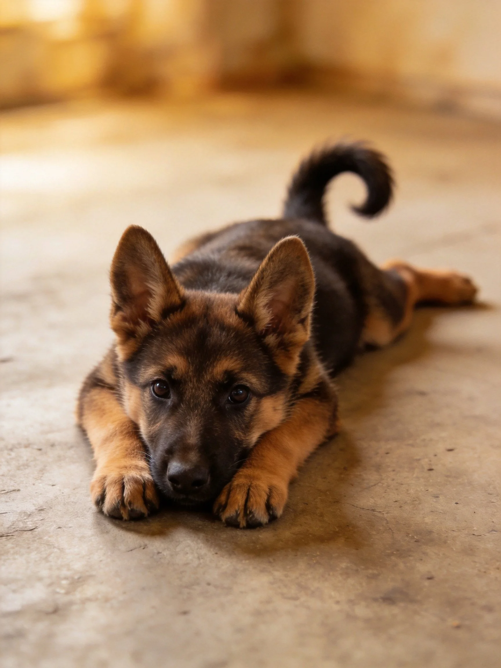 A young German Shepherd puppy resting on a smooth concrete floor