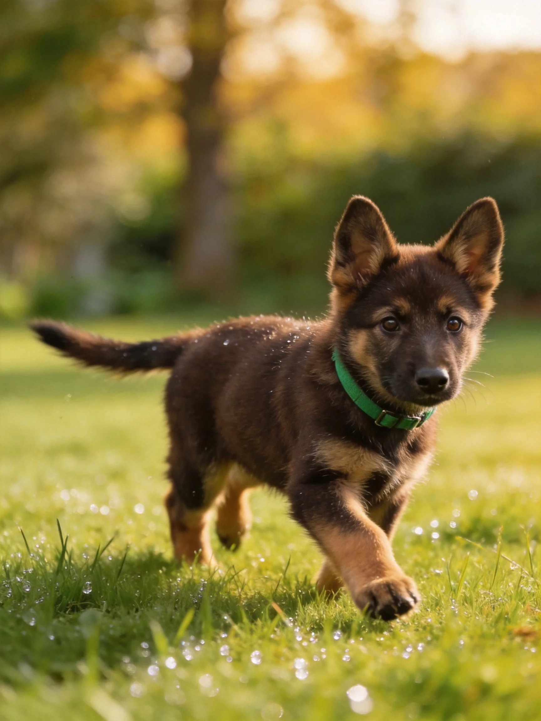 A young German Shepherd puppy runs through dewy grass outdoors.