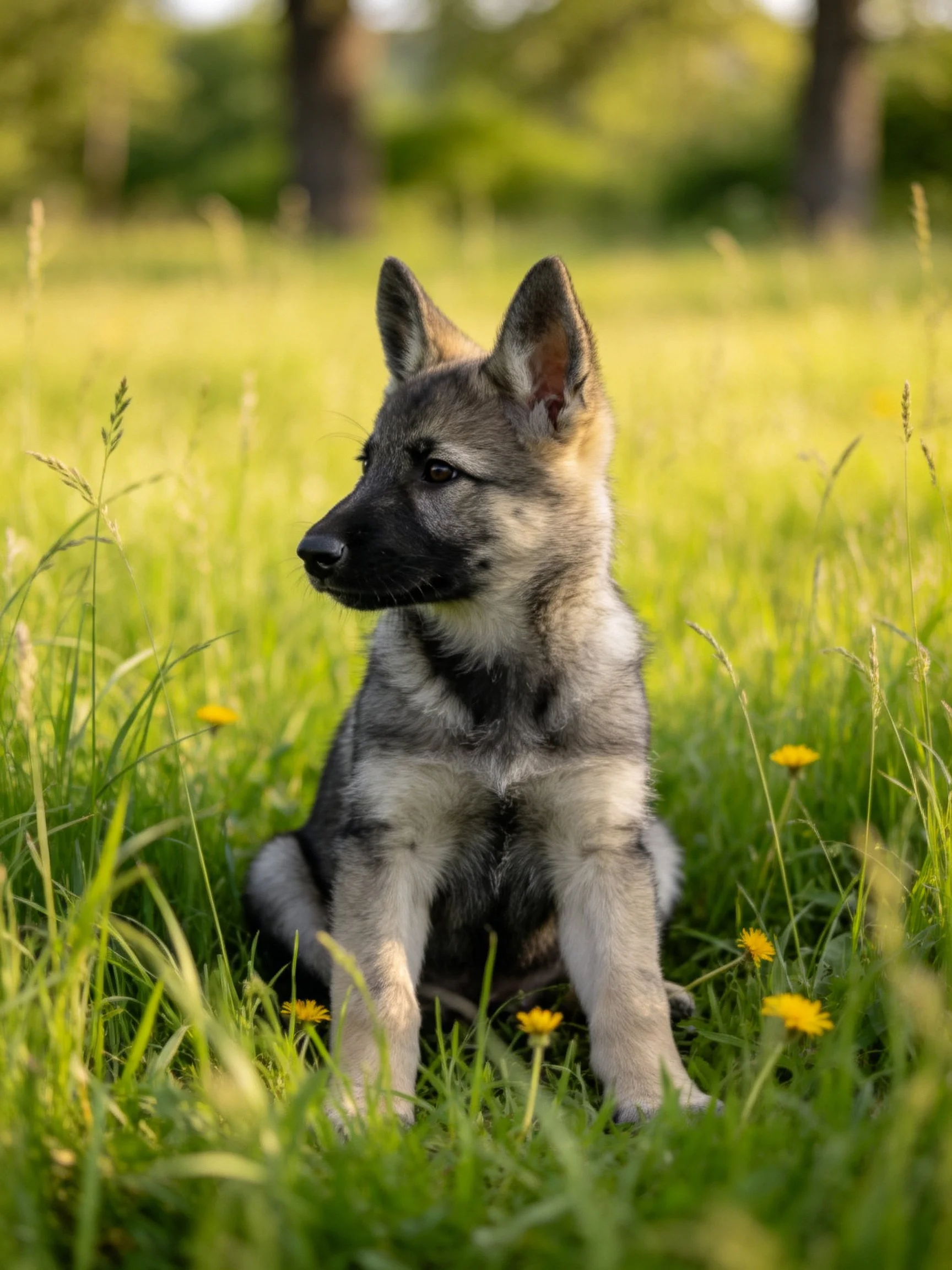 A young German Shepherd puppy sits calmly in a sun-drenched grassy field.