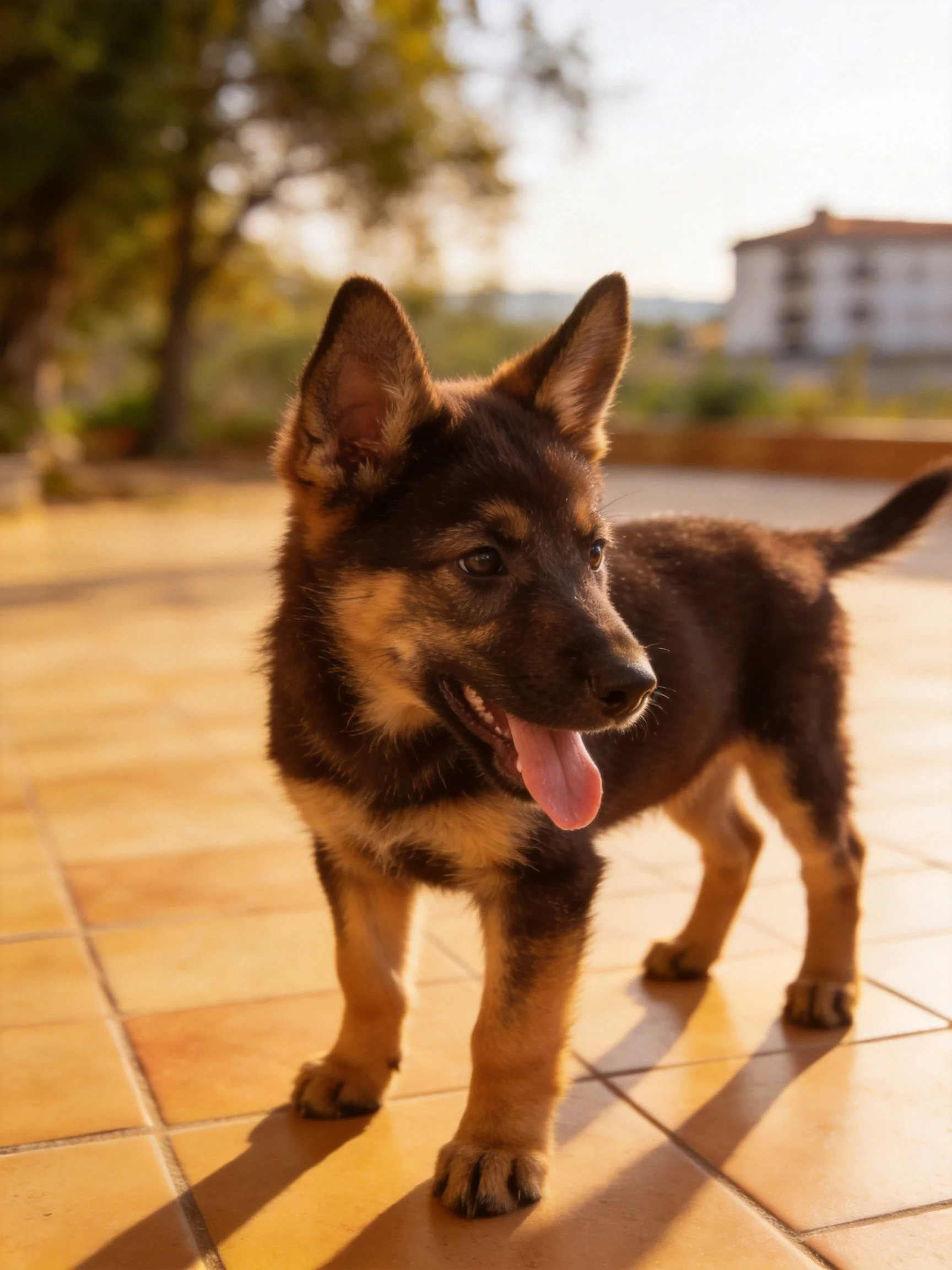 A young German Shepherd puppy stands on warm-toned tiles in an outdoor setting.