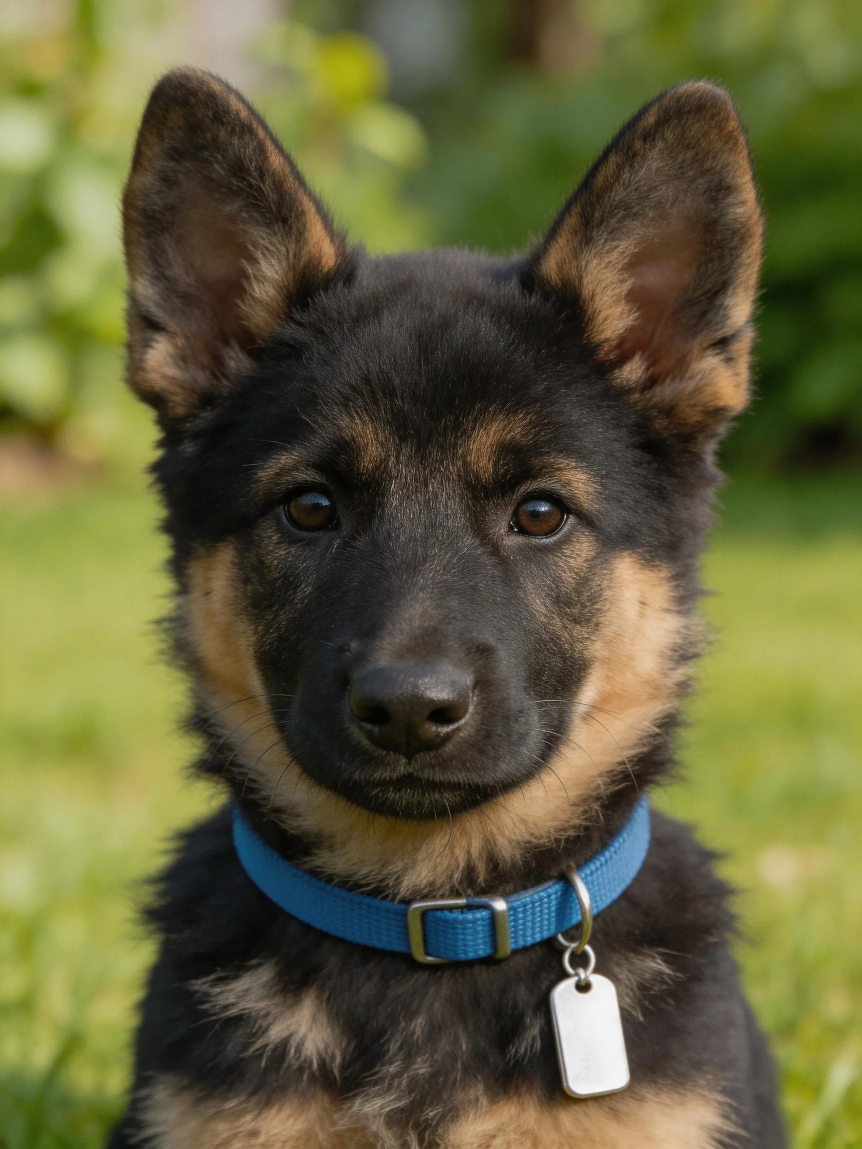 A young German Shepherd puppy with black and tan fur, blue collar, in a green outdoor setting.