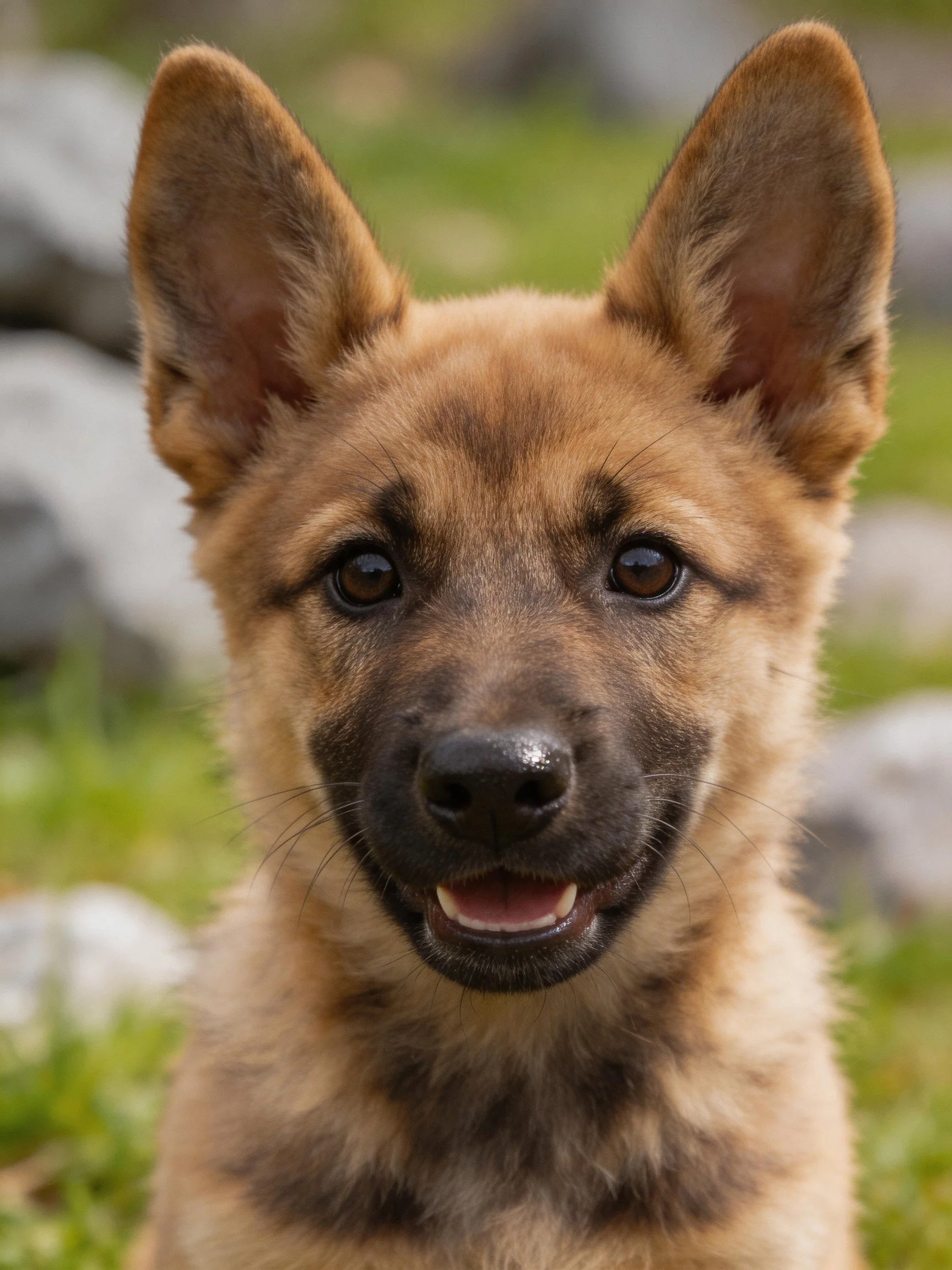 A young German Shepherd puppy with tan and dark brown fur stands outdoors near rocks.
