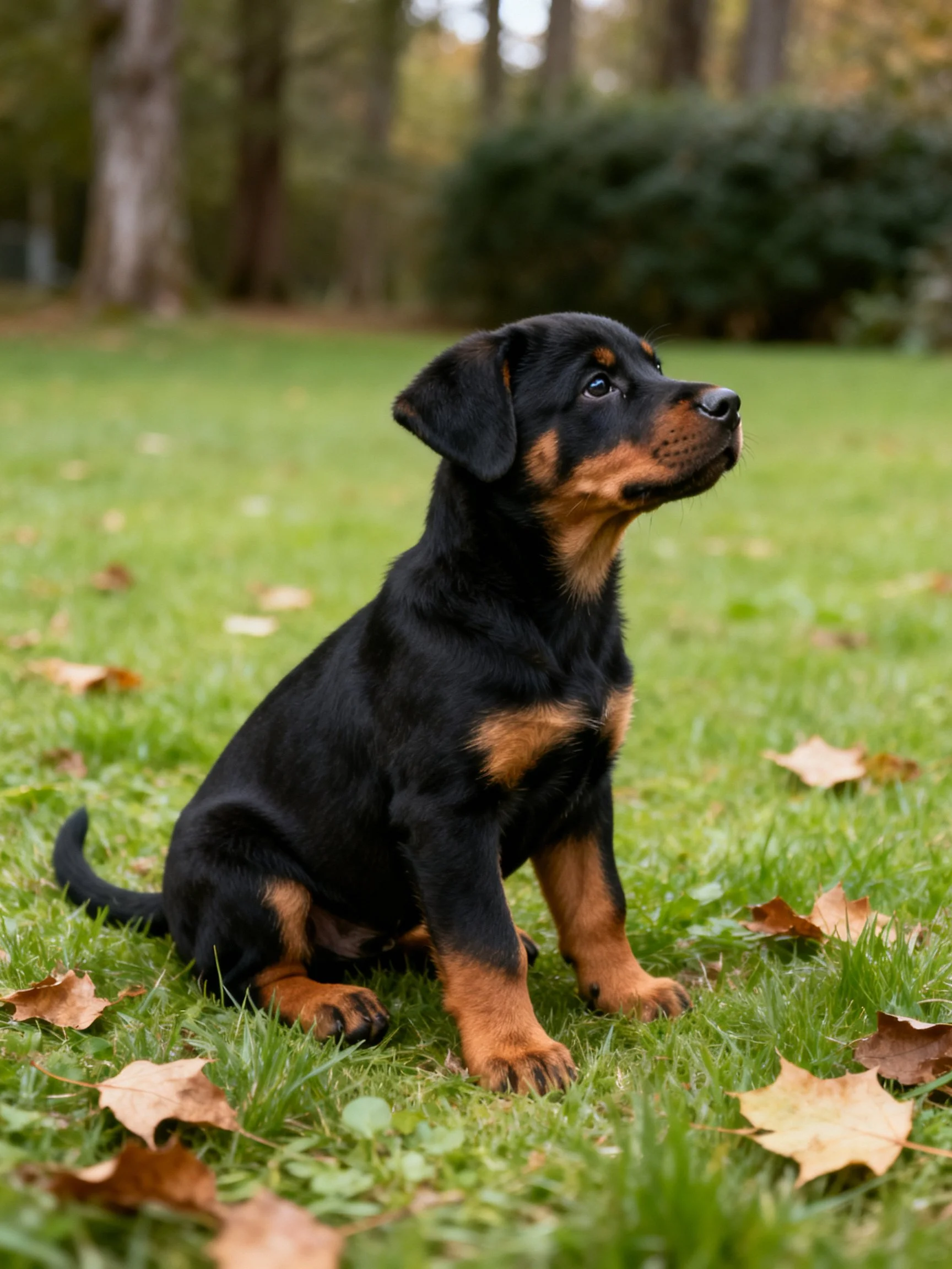 A young Rottweiler puppy sits attentively on green grass near fallen autumn leaves