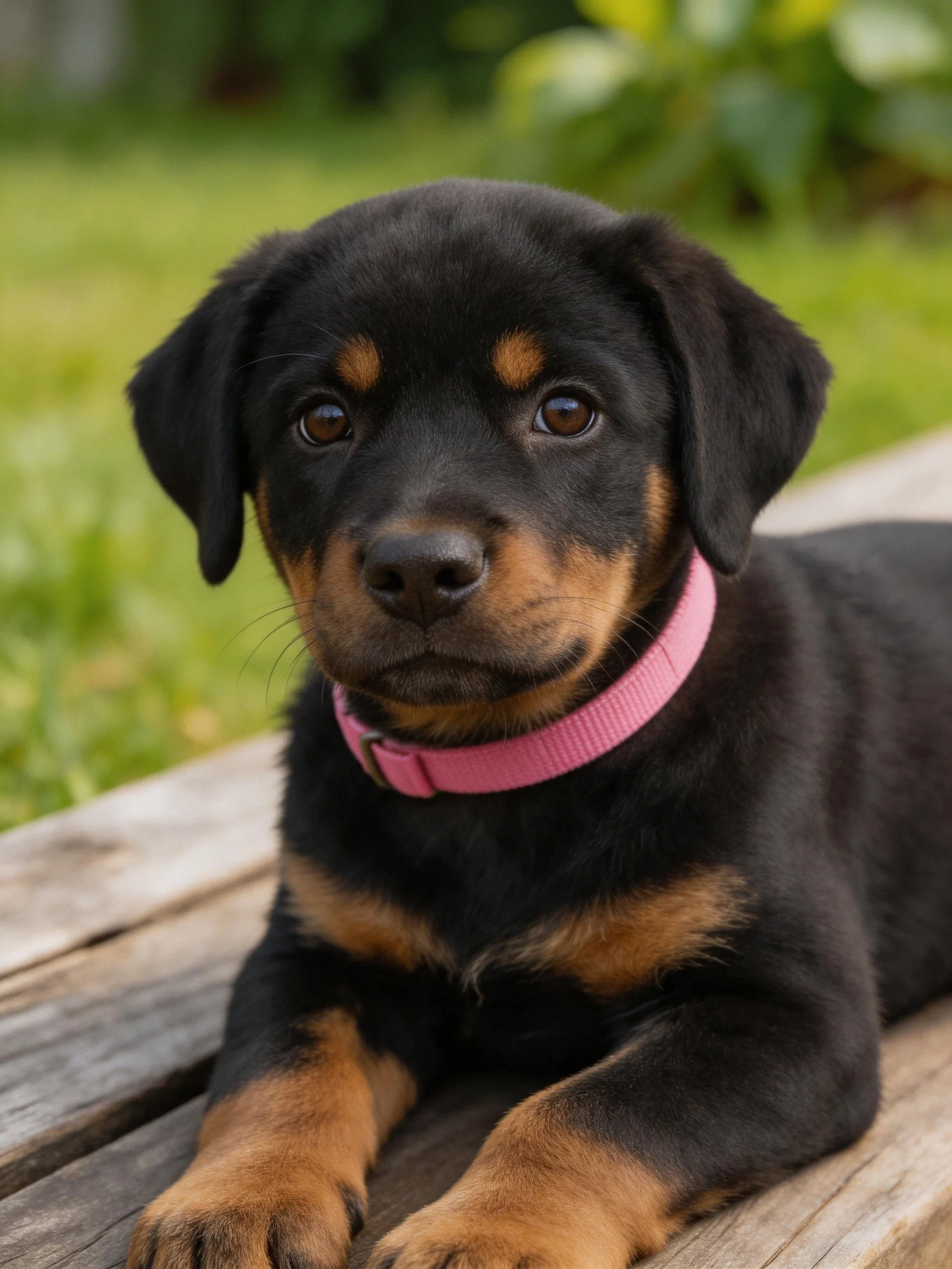 A young Rottweiler puppy with black and tan fur wears a pink collar
