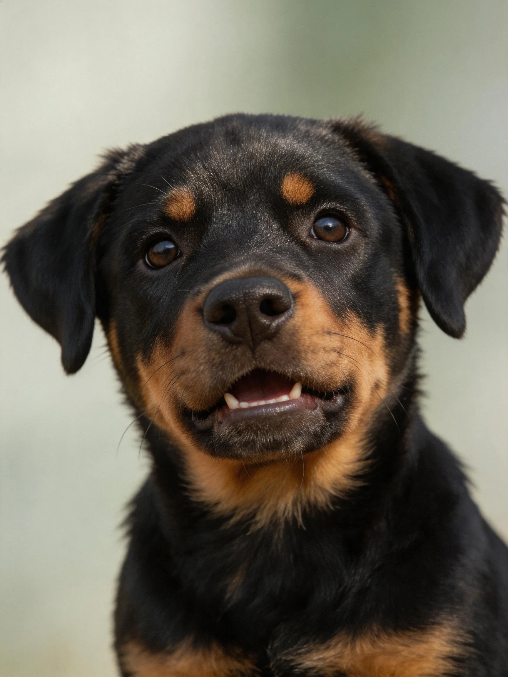 A young Rottweiler puppy gazes curiously with black and tan coloring.