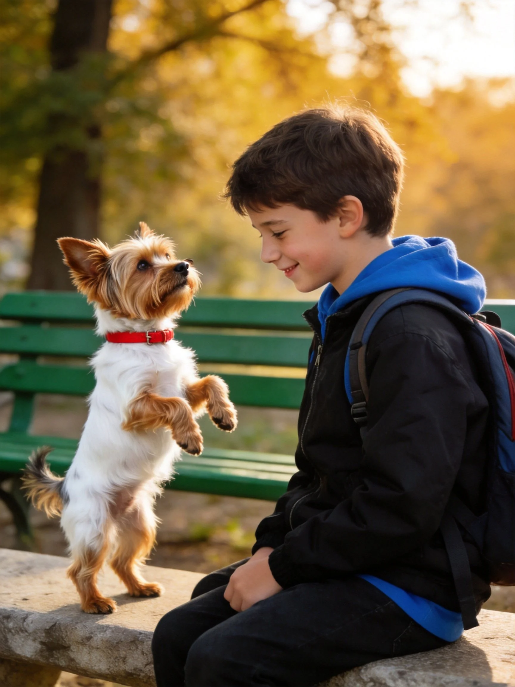 A young boy sits on a bench as a small dog stands on its hind legs toward him.
