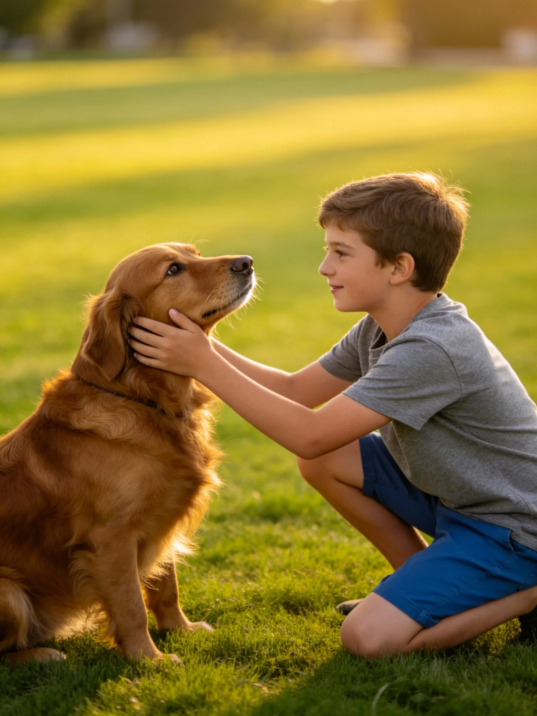A young boy petting a golden retriever on a sunlit green field