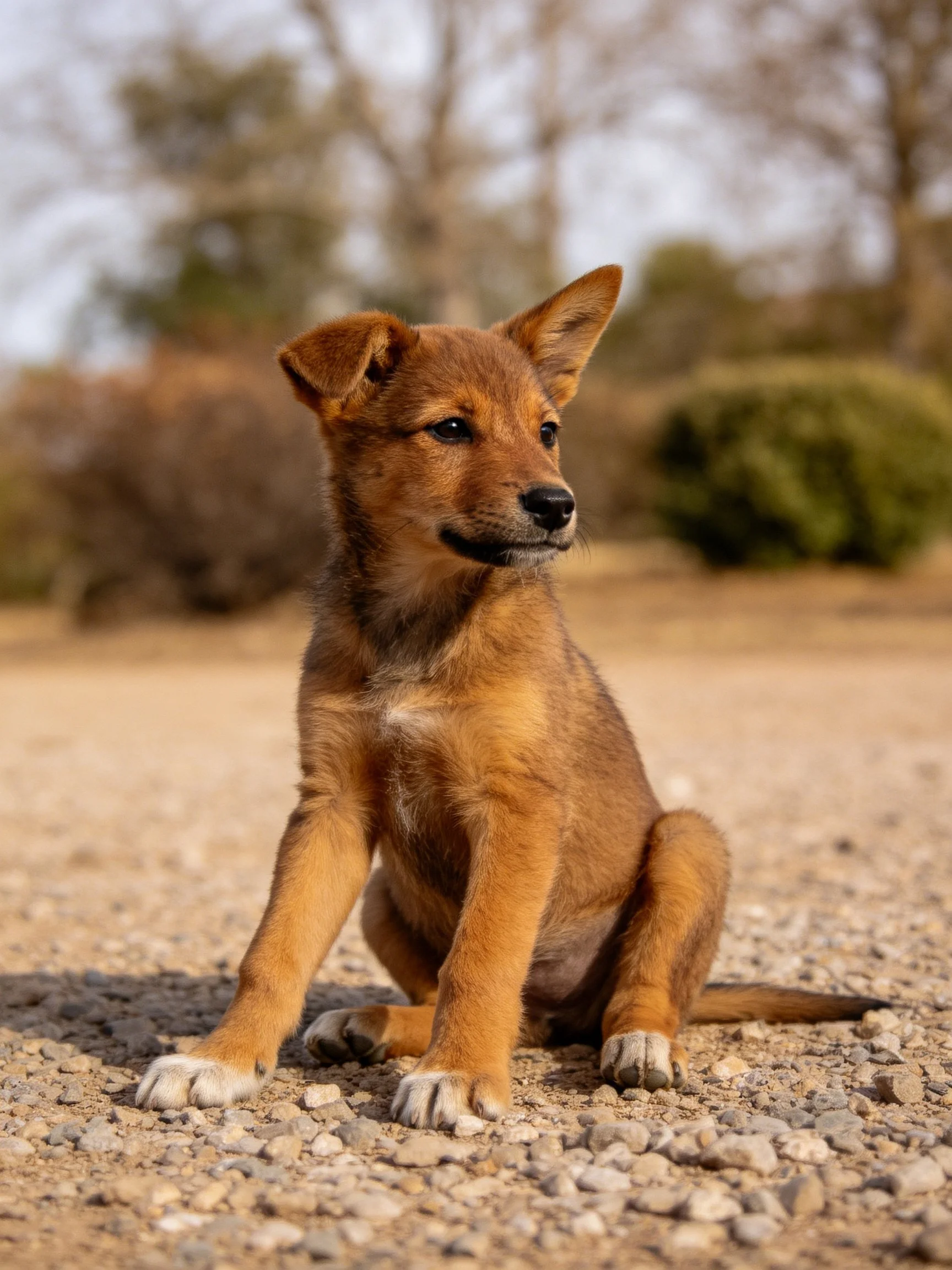 A young brown puppy sits calmly on gravel in an outdoor landscape.