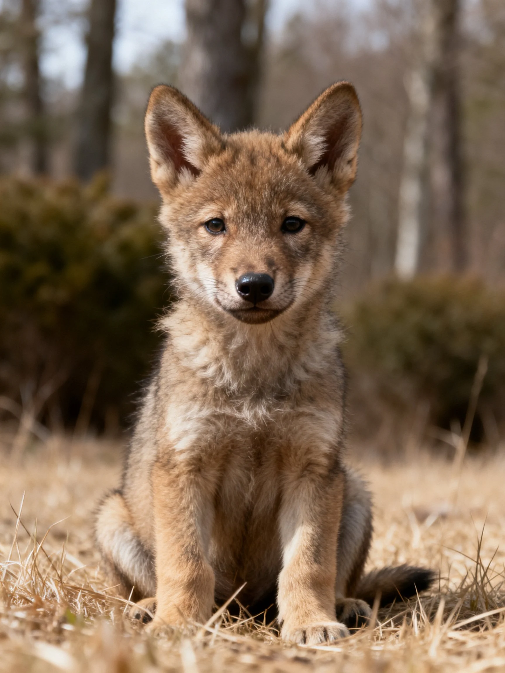 A young brown wolf cub sitting in dry grass near trees
