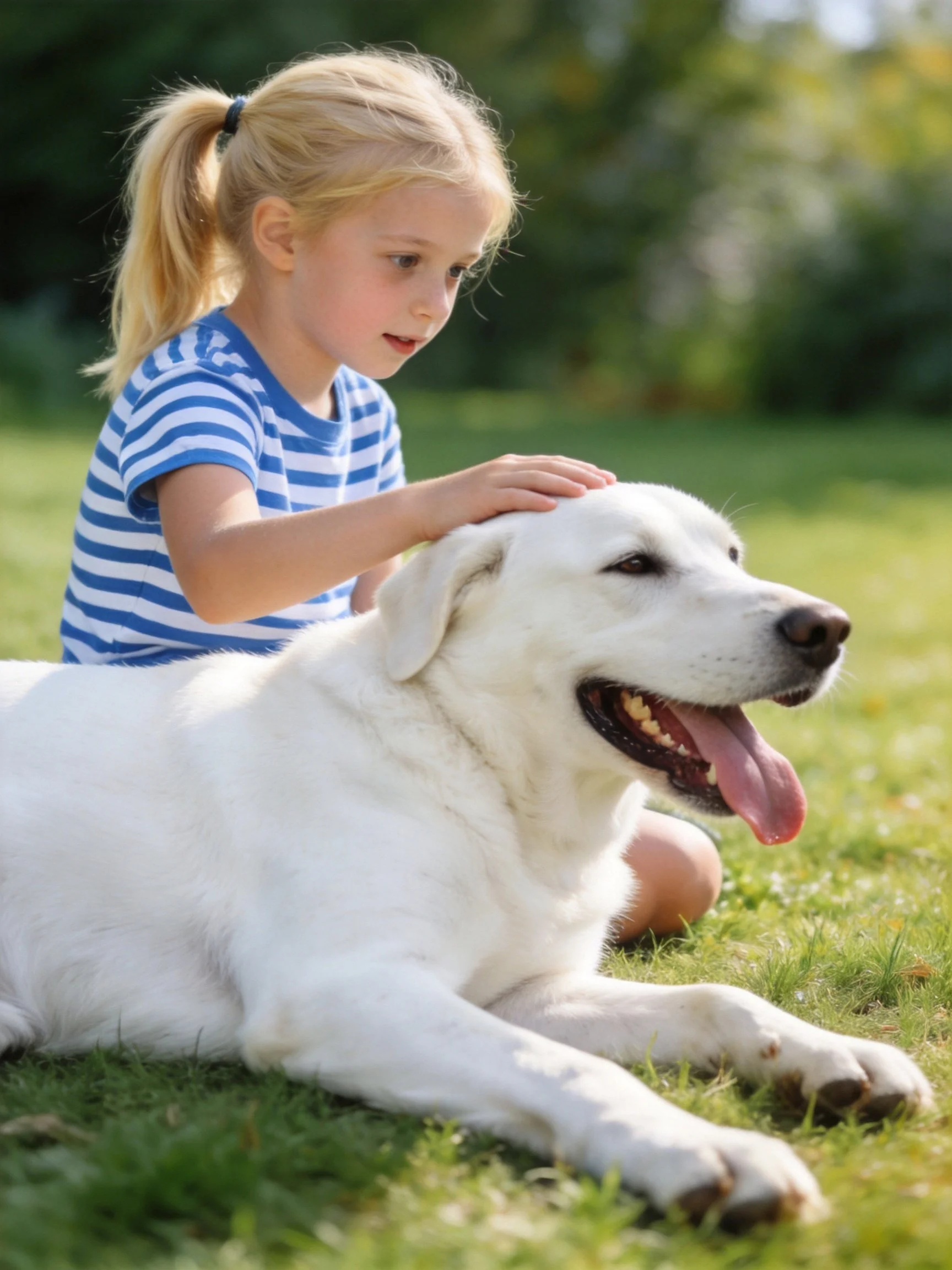 A young girl gently pets a large white dog resting on grass.
