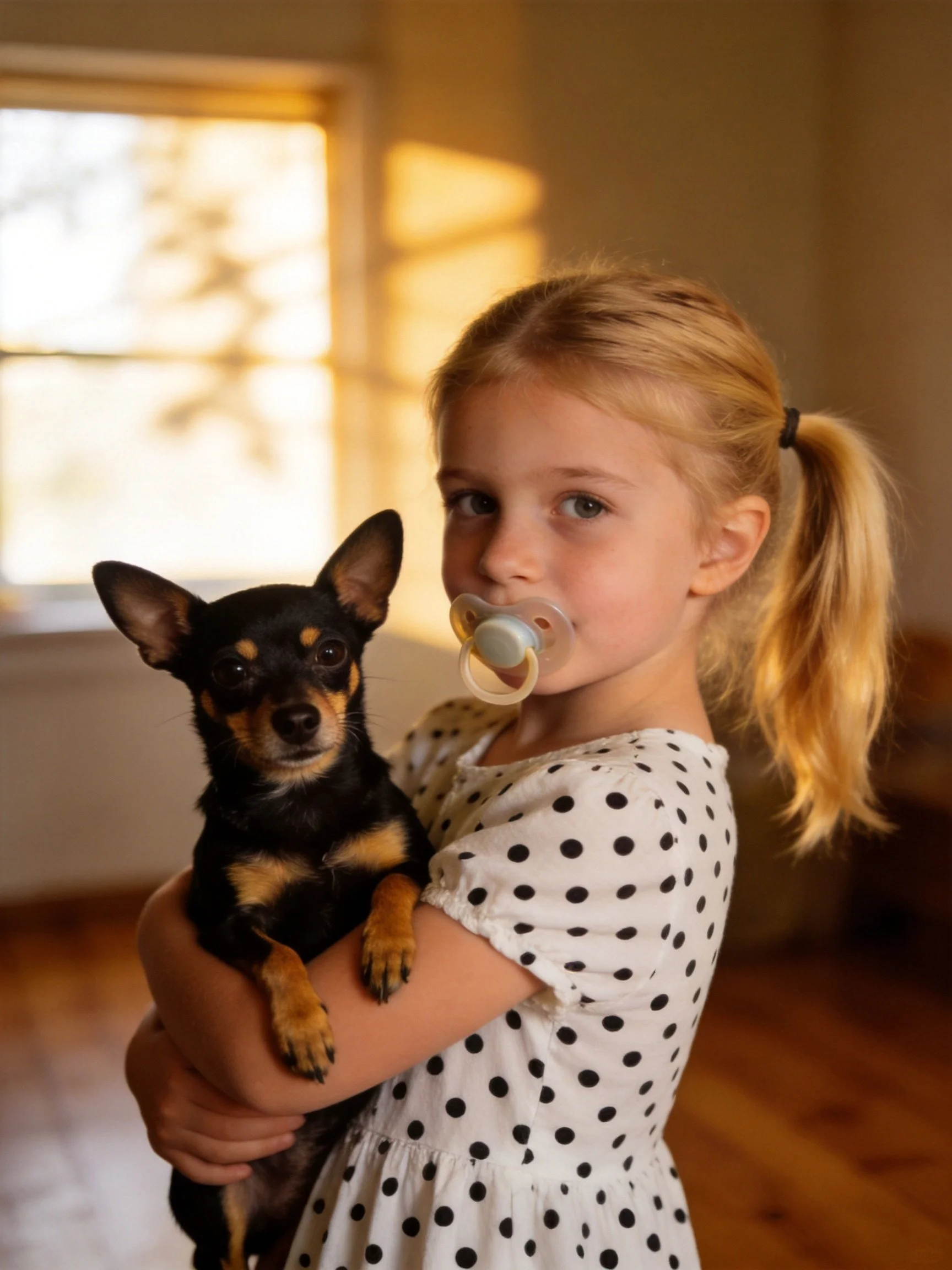 A young girl in a polka dot dress holds a small black and tan dog indoors.