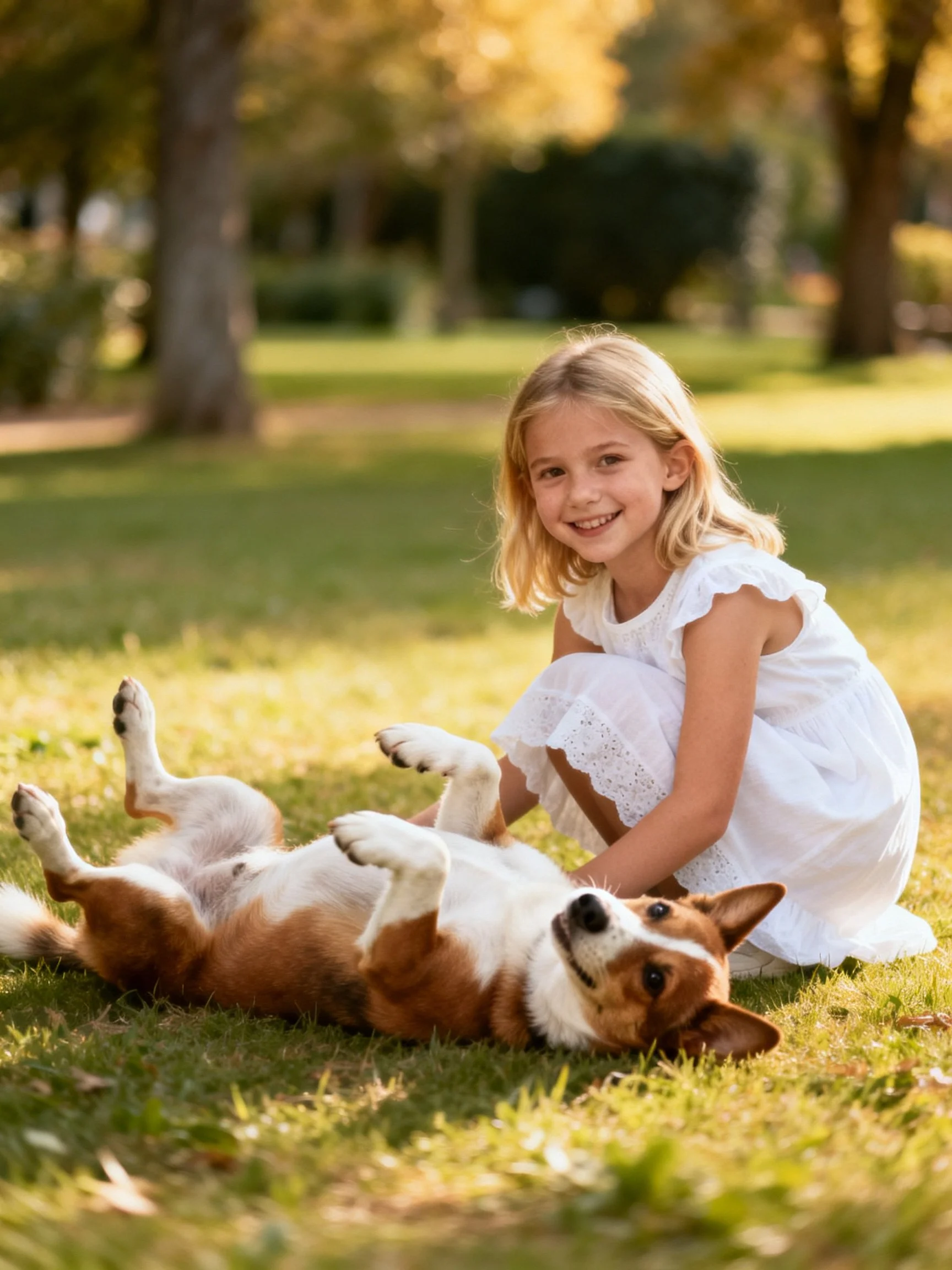 A young girl in a white dress plays with a brown-and-white corgi in a sunlit park