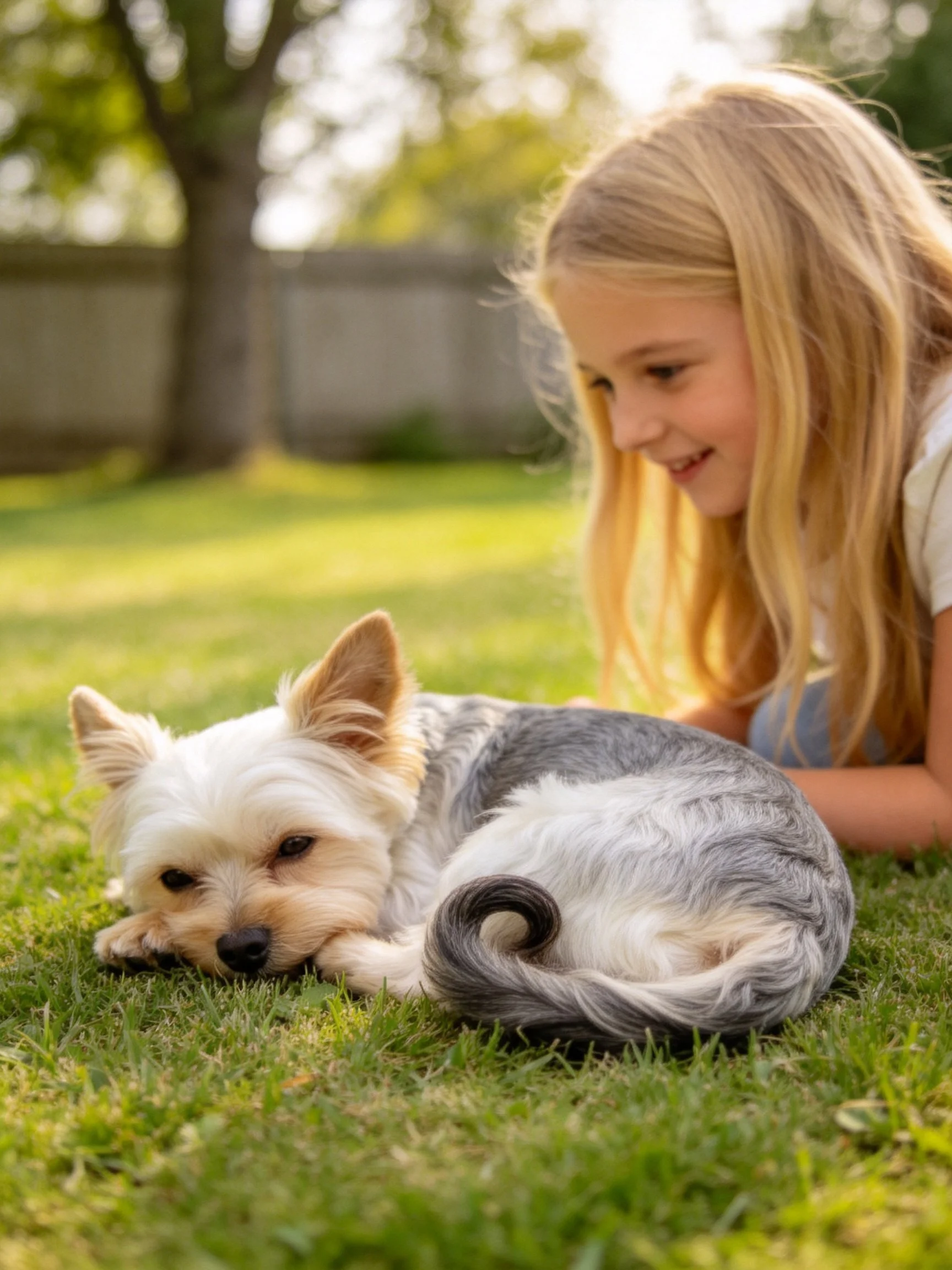 A young girl leans toward a small dog on grass in a sunny yard.