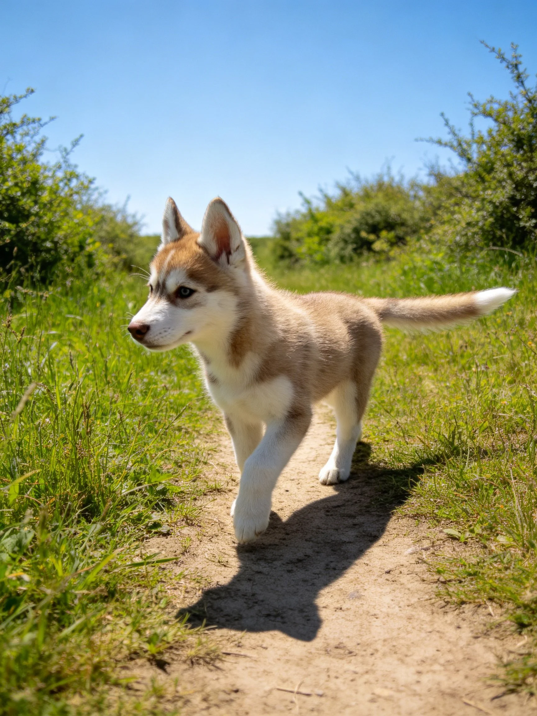 A young husky puppy explores a sunlit dirt path through greenery