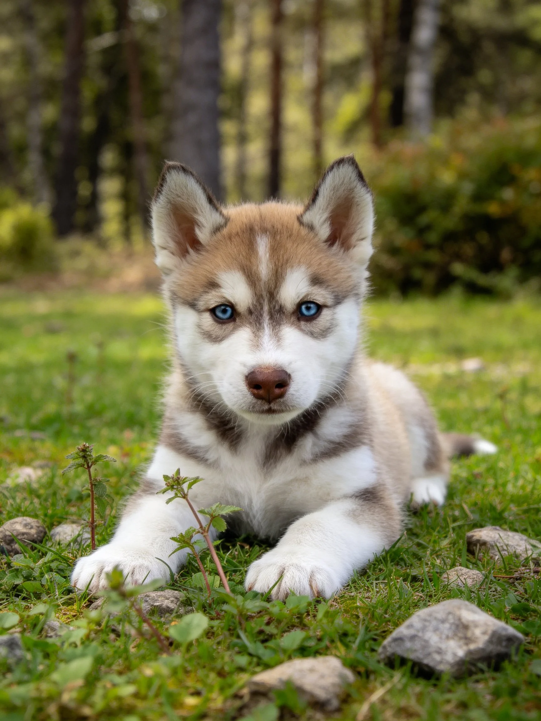 A young husky puppy with blue eyes relaxes on green grass among scattered rocks.