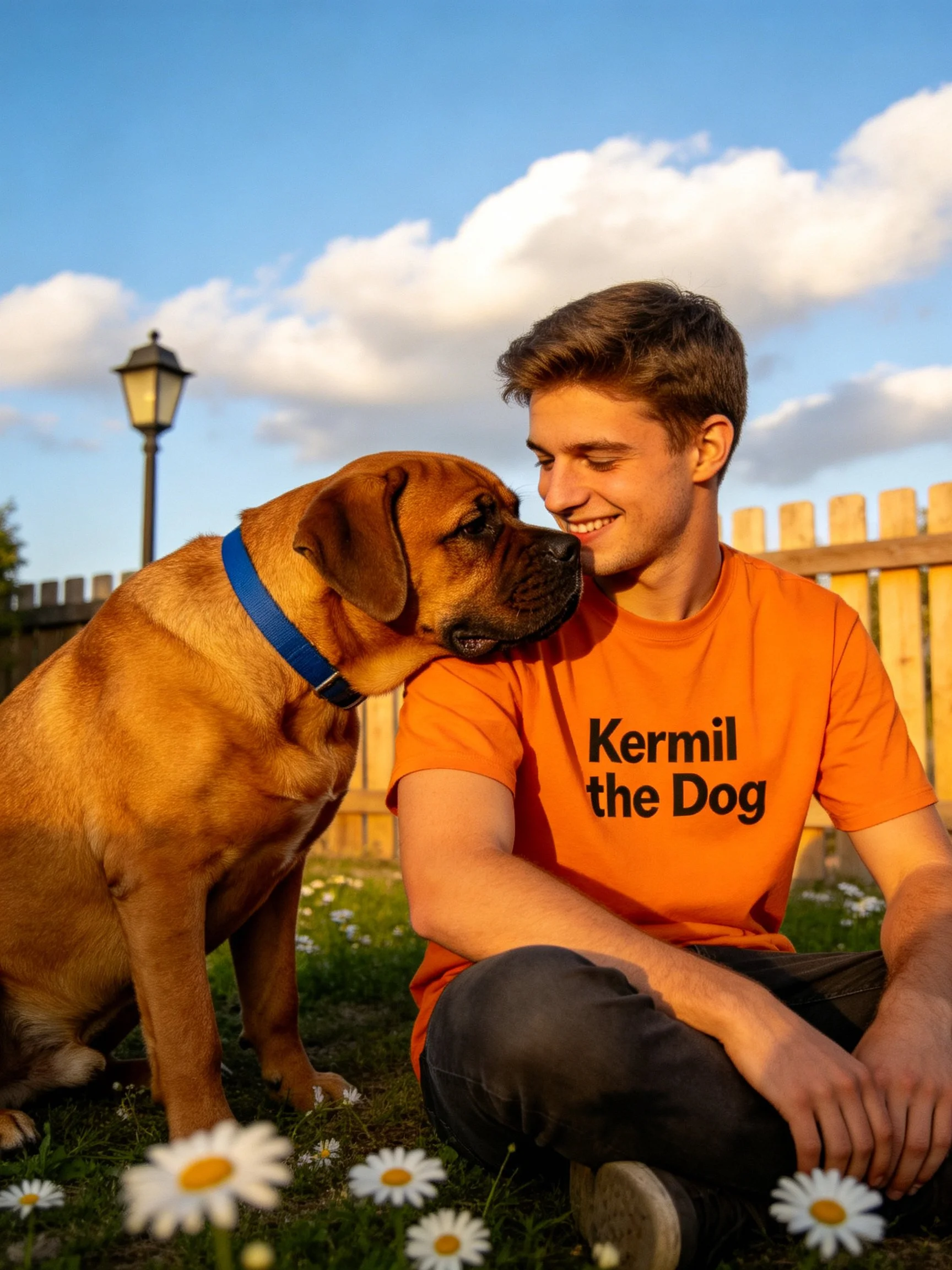 A young man in an orange shirt sits outdoors with a large brown dog