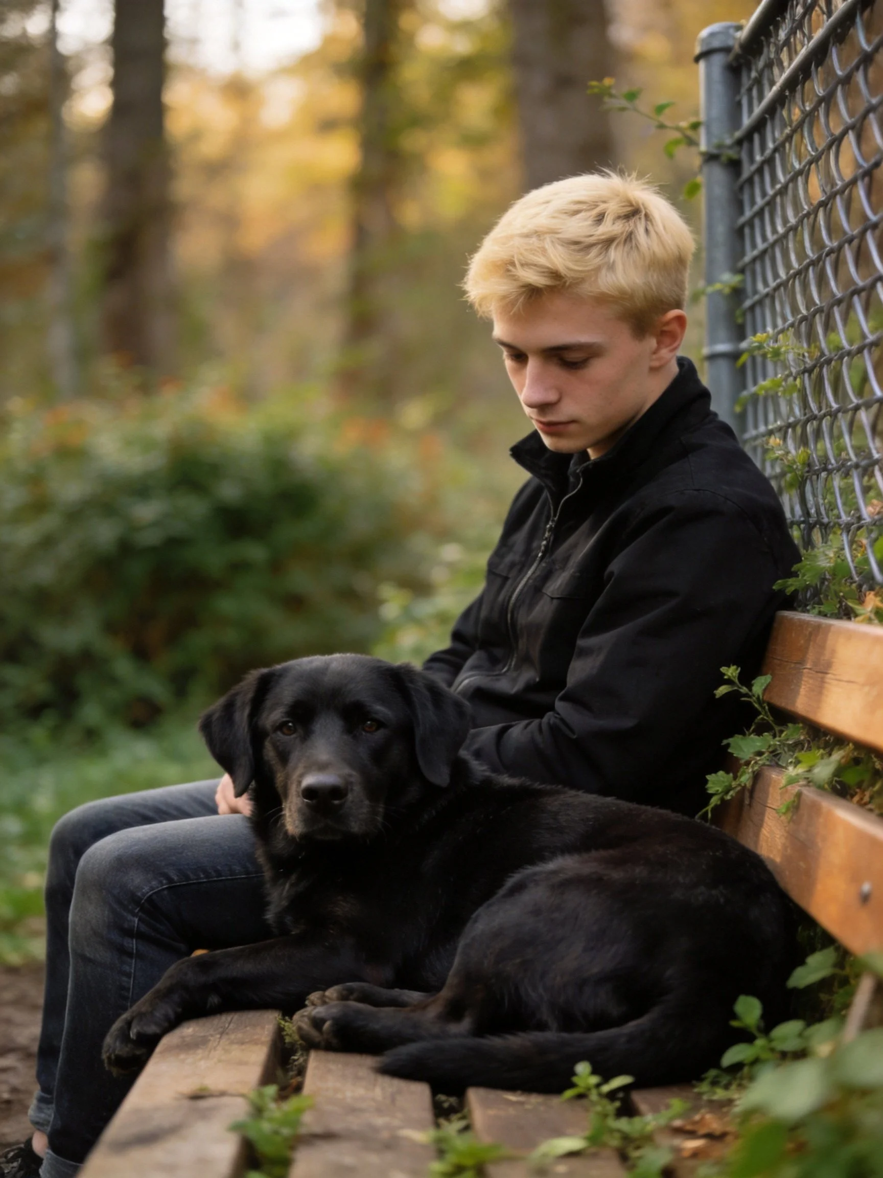 A young person sits on a wooden bench next to a black dog outdoors.