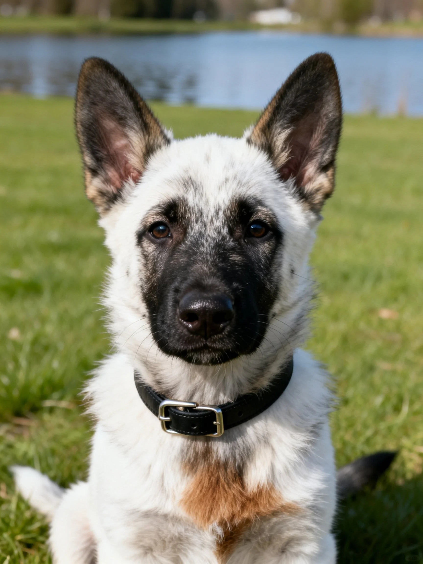 A young white and black puppy sits on green grass near a lake.