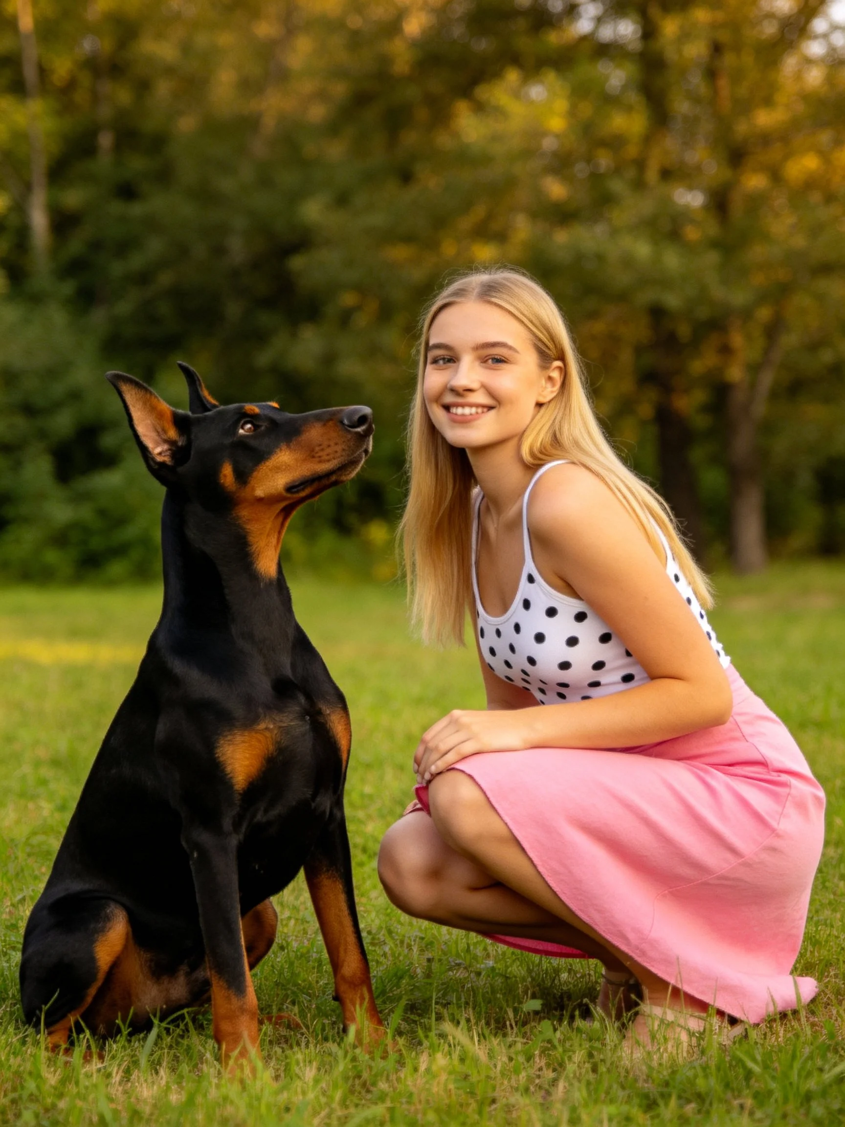 A young woman crouches next to a Doberman in a grassy outdoor area.