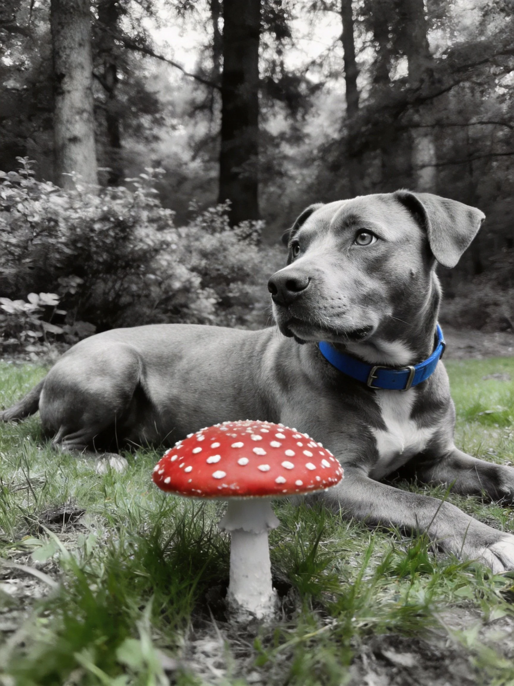 A gray dog lies beside a red mushroom in a forested environment.
