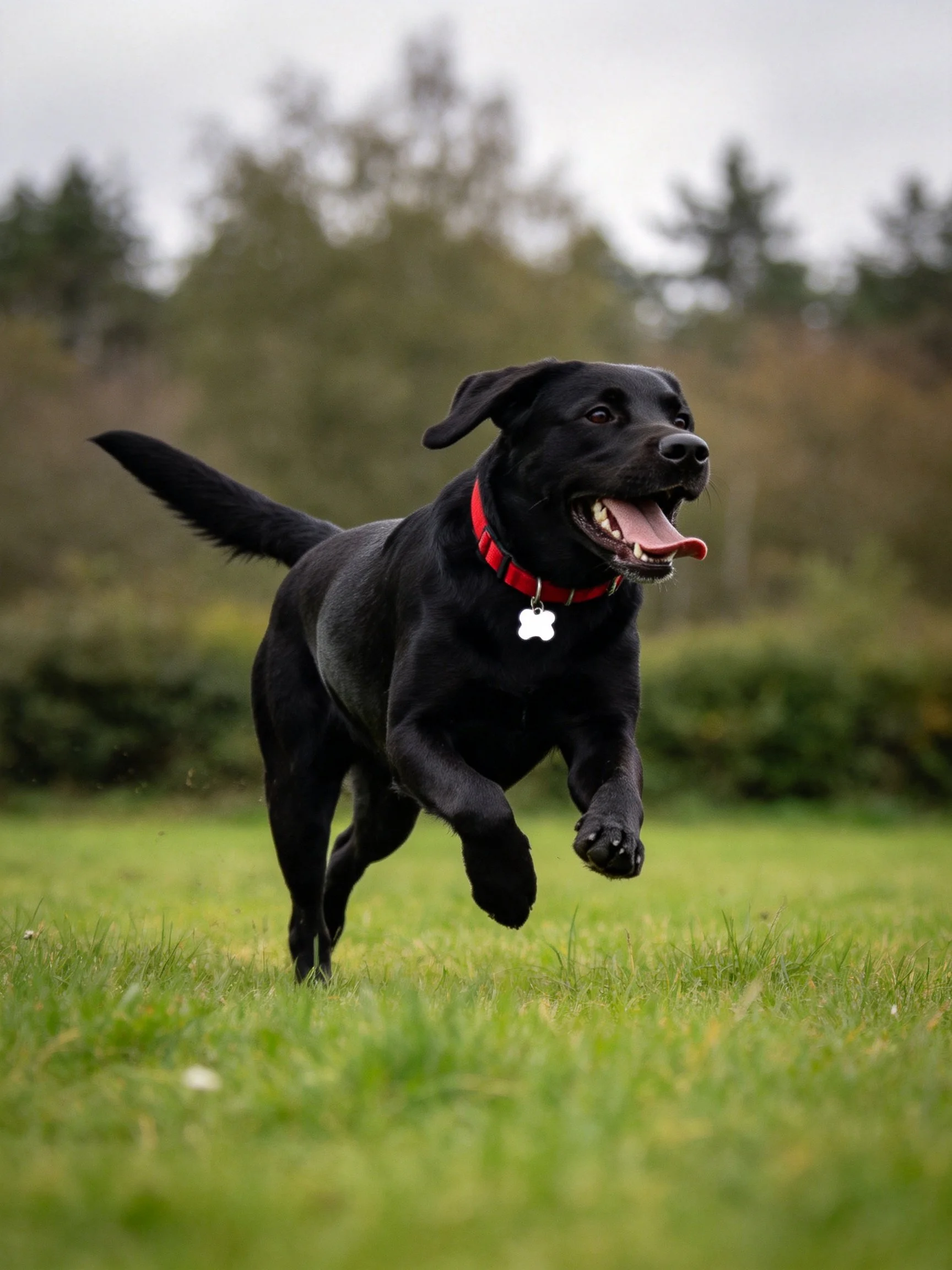 Ablack Labrador retriever runs joyfully on green grass with a red collar