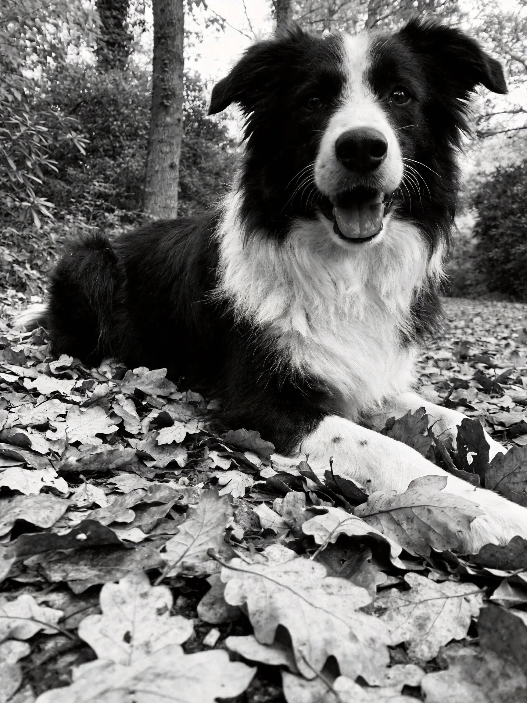 Ablack and white dog resting among fallen autumn leaves