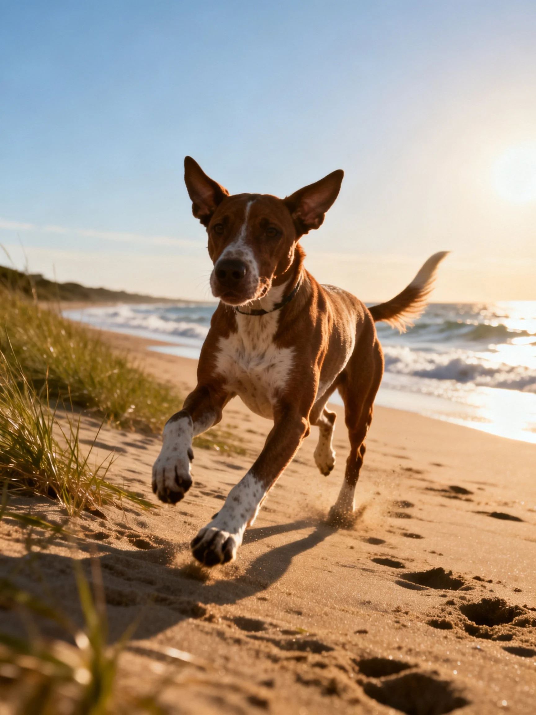 Abrown and white dog runs energetically along a sandy beach near the ocean.
