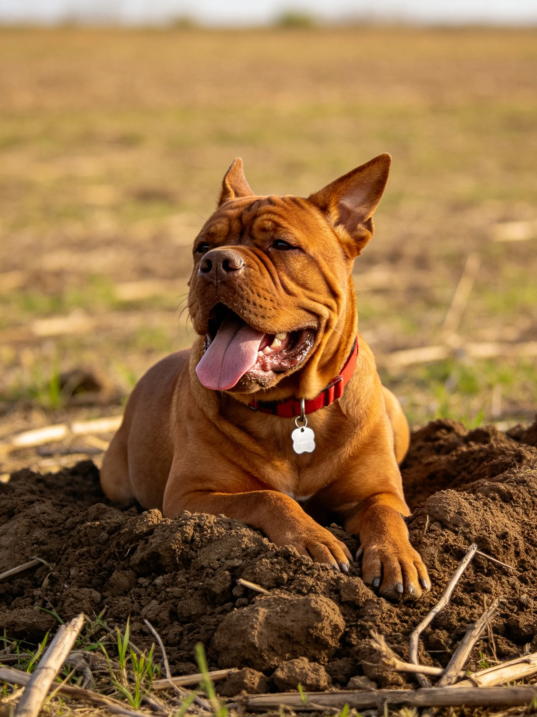 Abrown dog rests in a dirt mound amid an open field