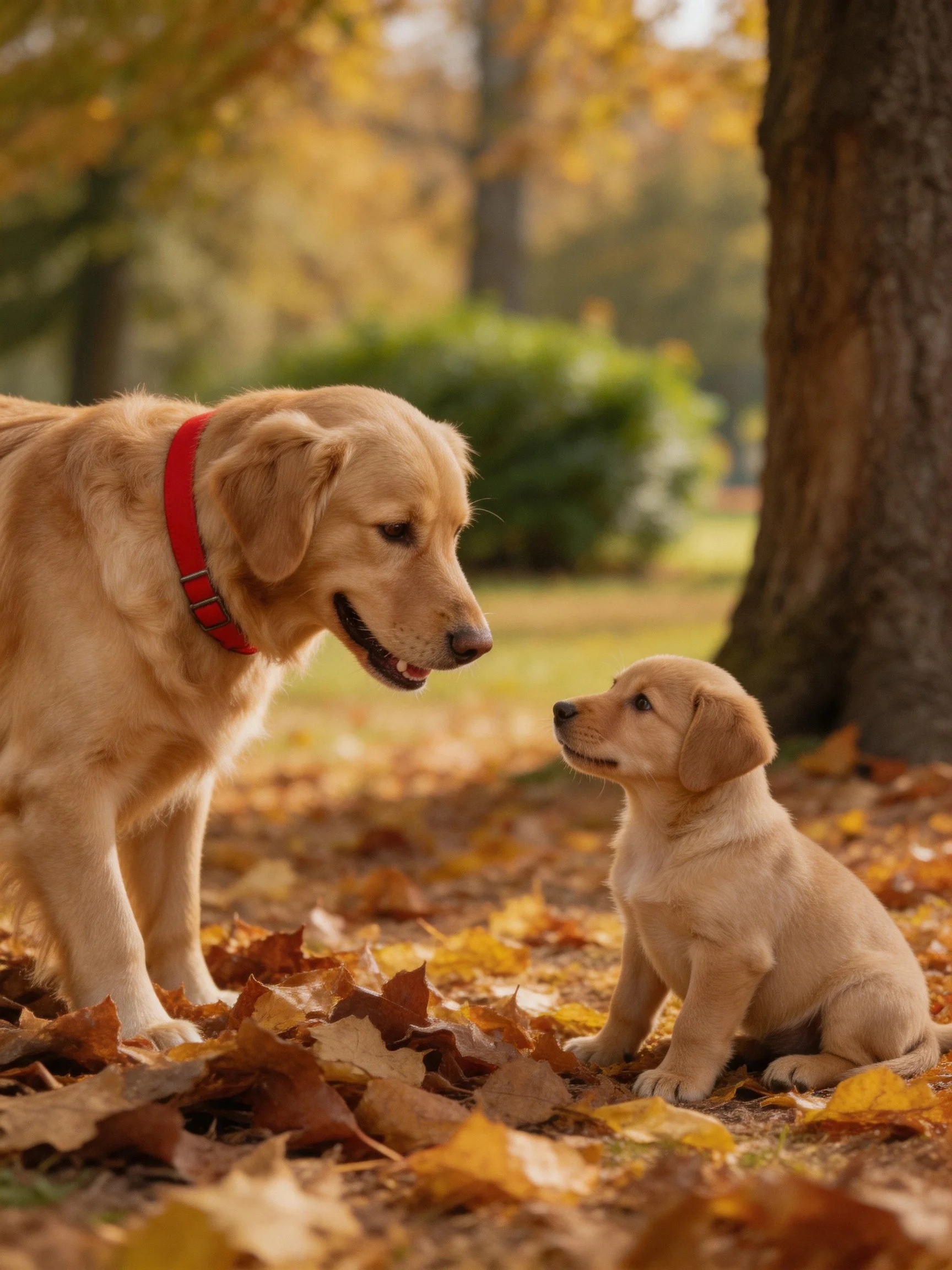 An adult golden retriever and puppy interact on autumn leaves in a park.