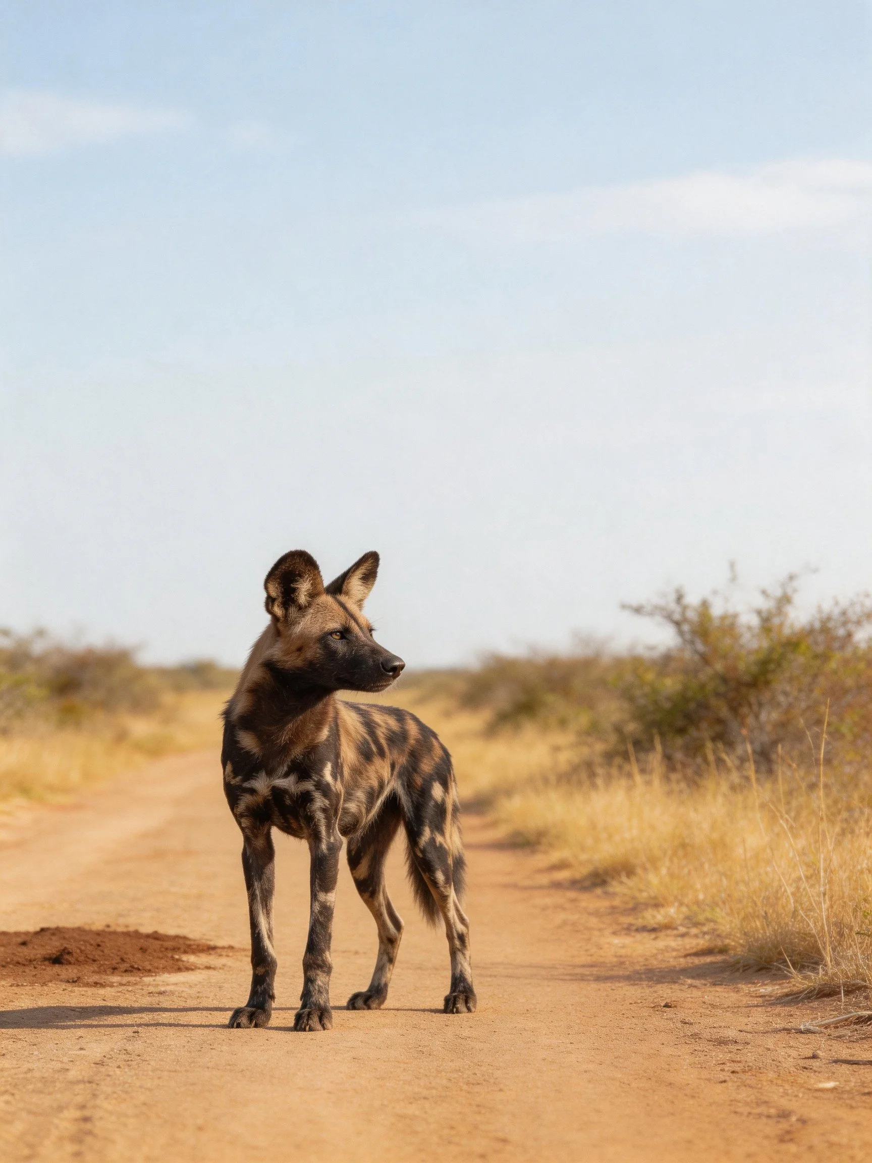 An African wild dog stands alert on a dusty savannah dirt road