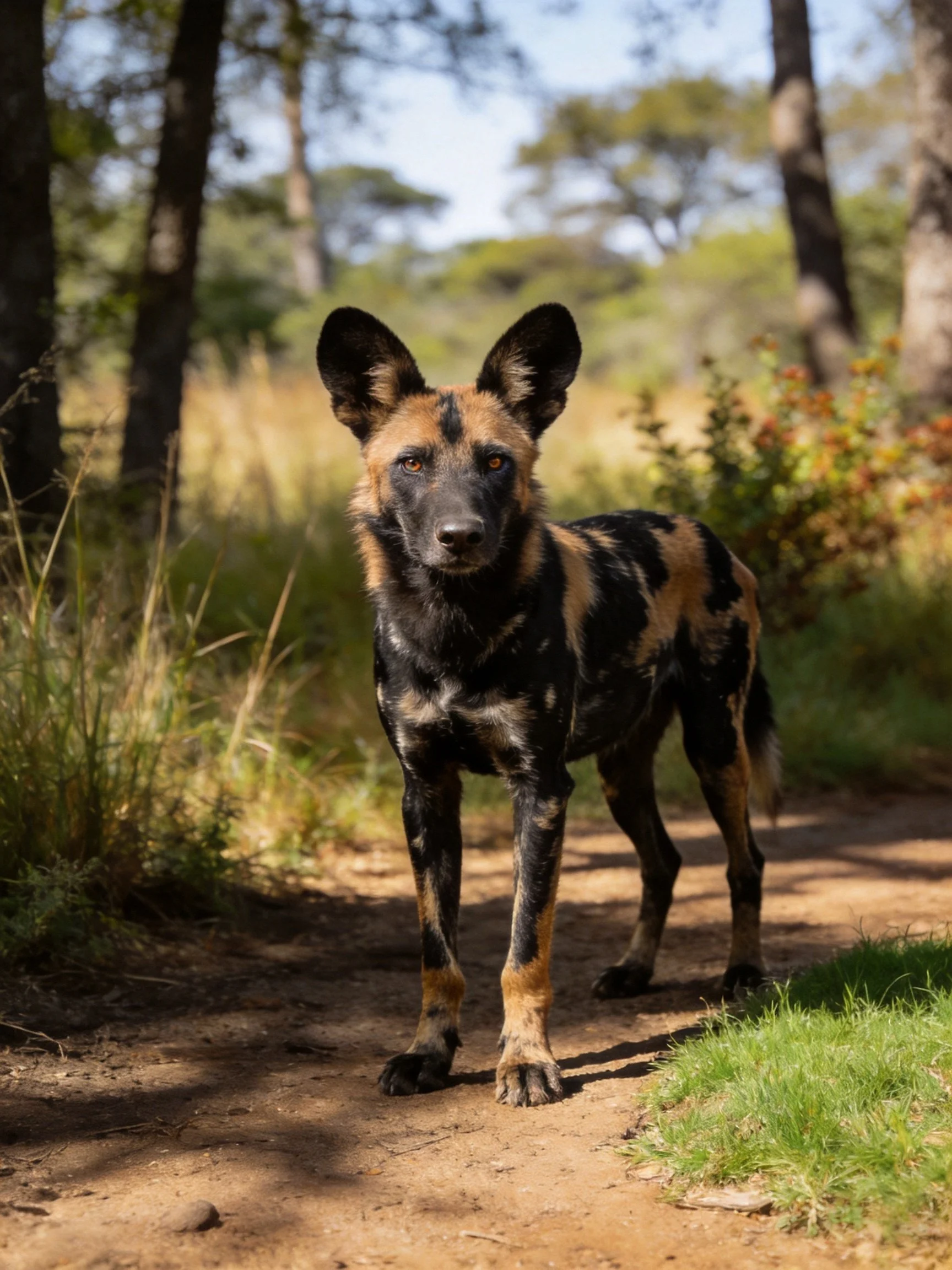 An African wild dog stands on a dirt path surrounded by trees and vegetation.