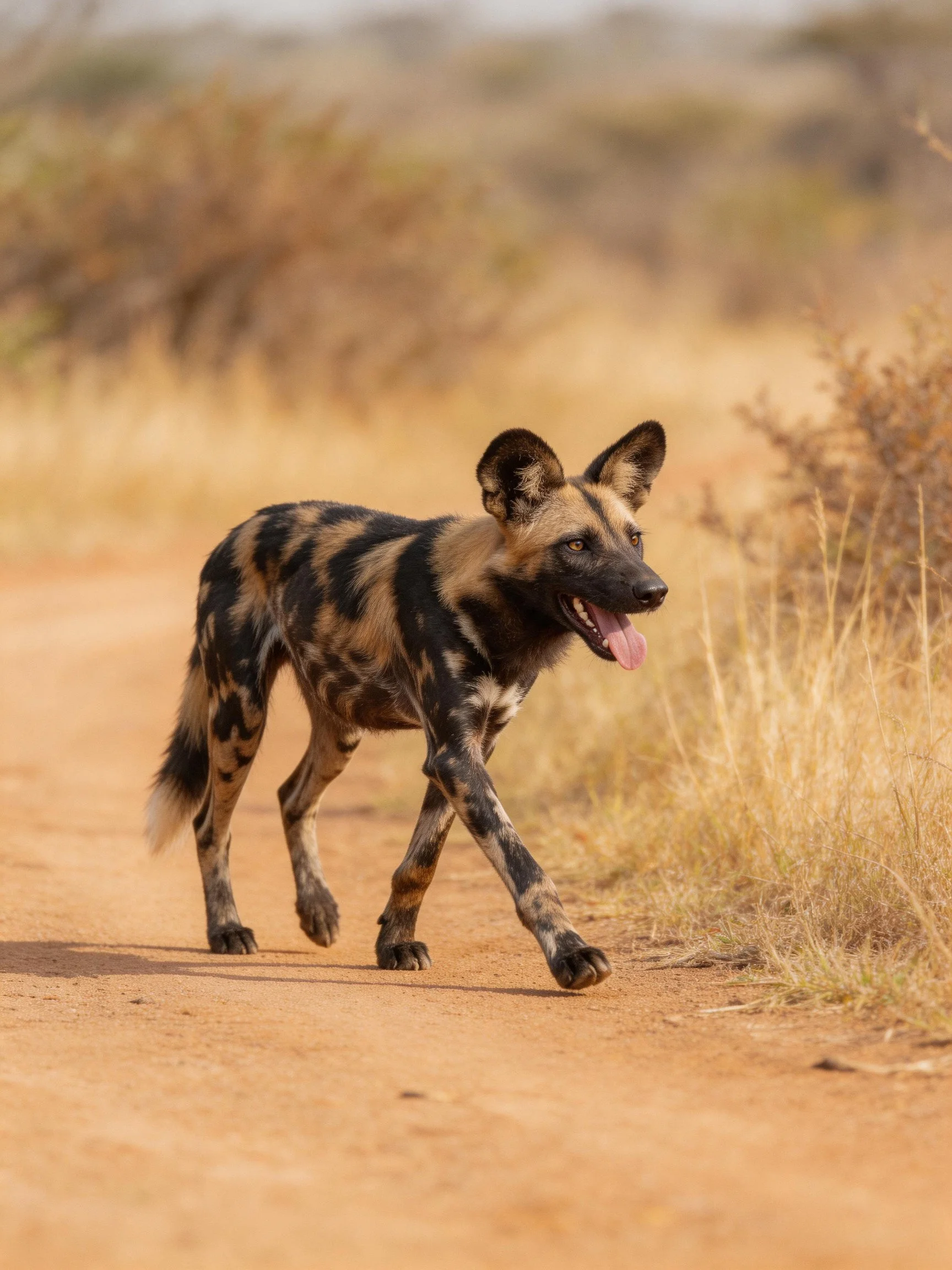 An African wild dog with distinctive markings walks along a dusty trail.
