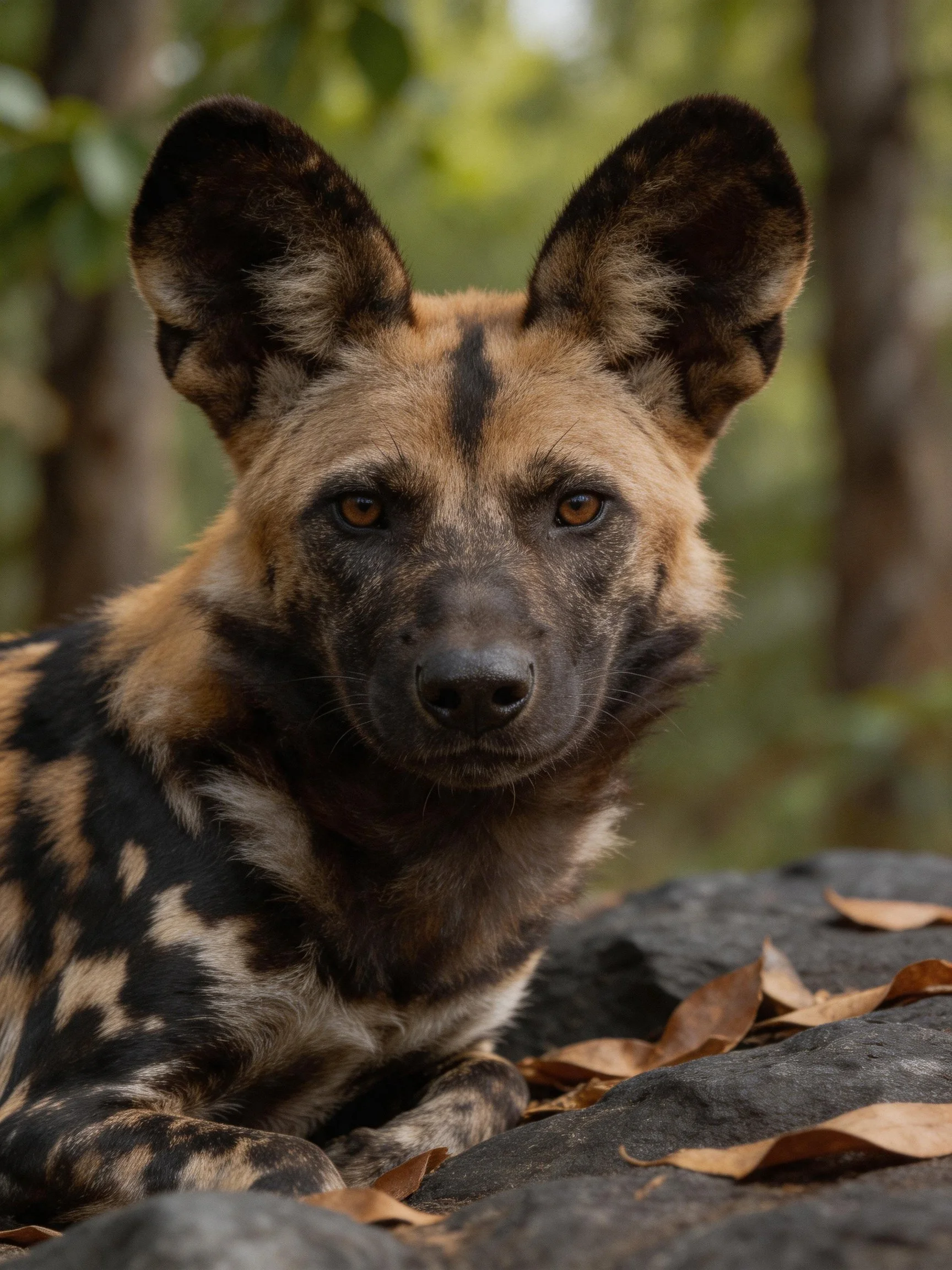 An African wild dog rests near rocks amid fallen leaves in a forested area.