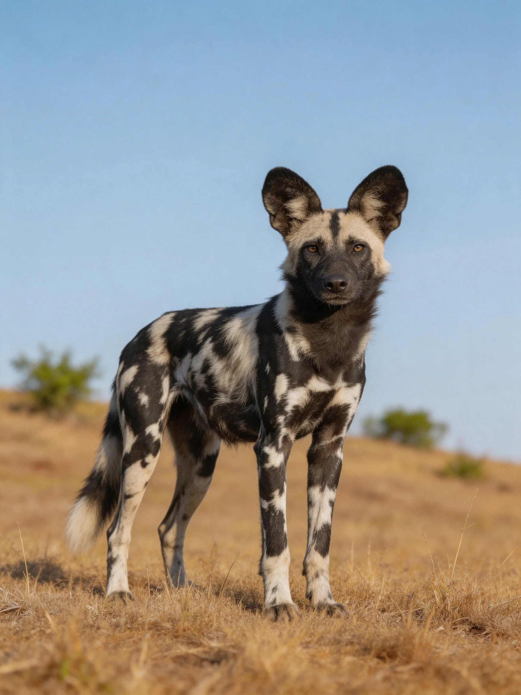 An African wild dog stands alert on dry grassland.