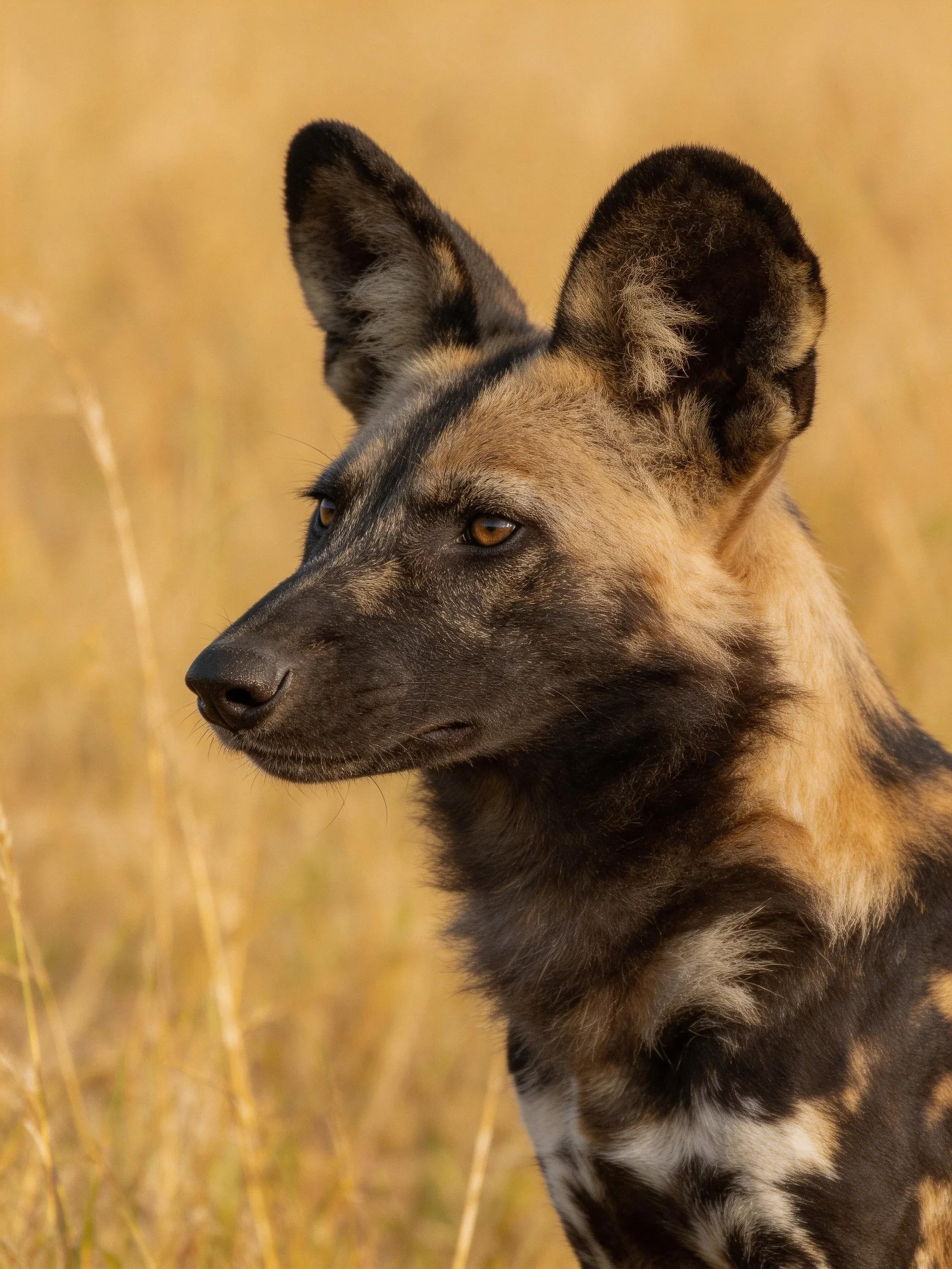 An African wild dog stands alert amid golden savannah grasses.