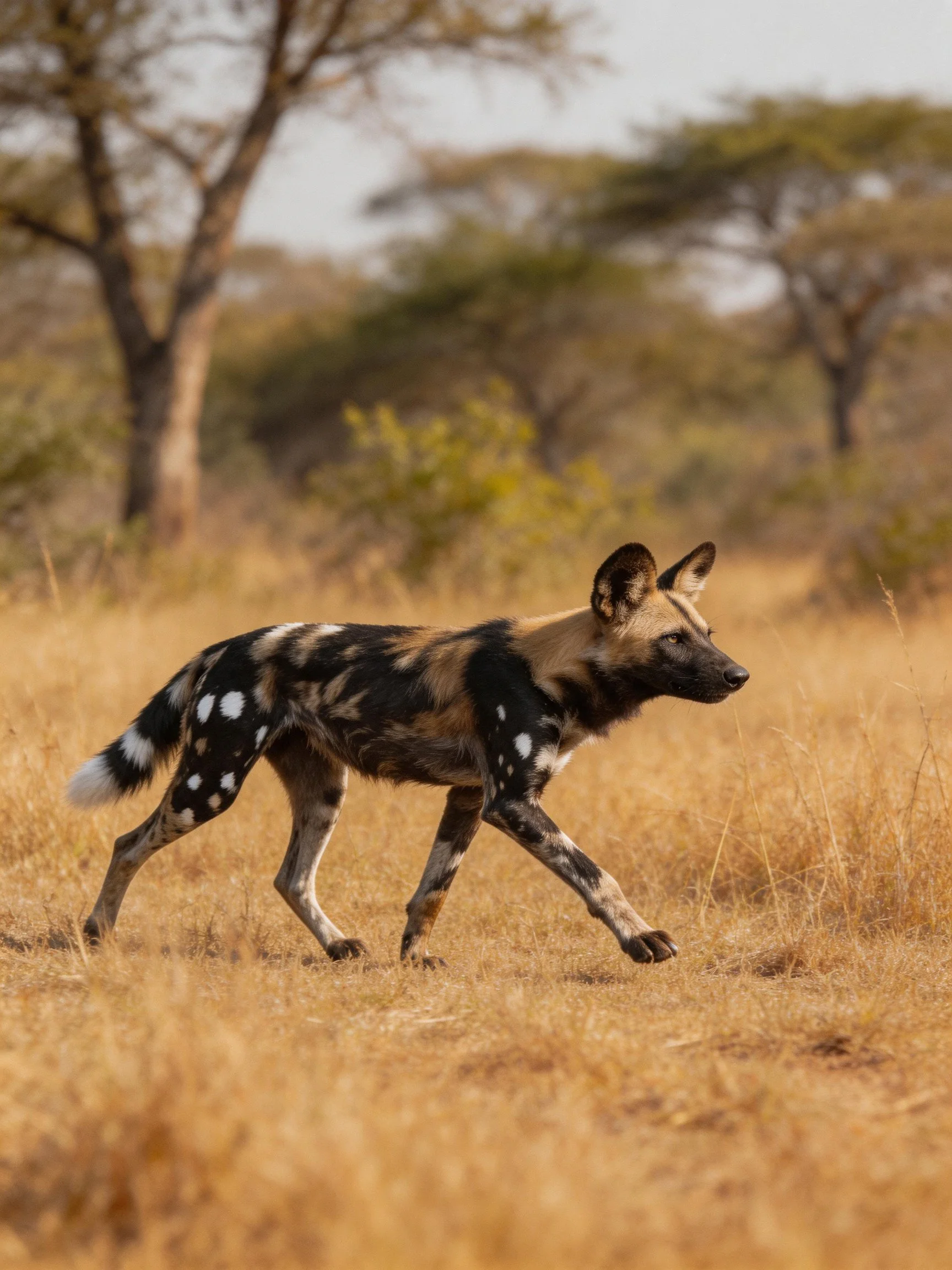 African wild dog with black, tan, and white patches walks through golden savannah