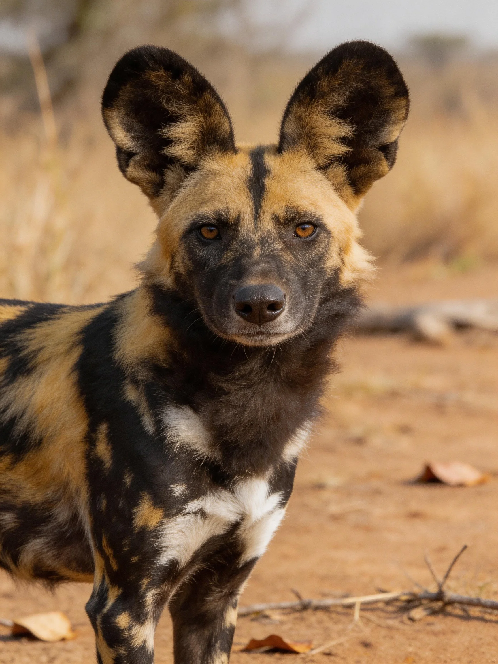 African wild dog stands alert with unique spotted coat in dry landscape.