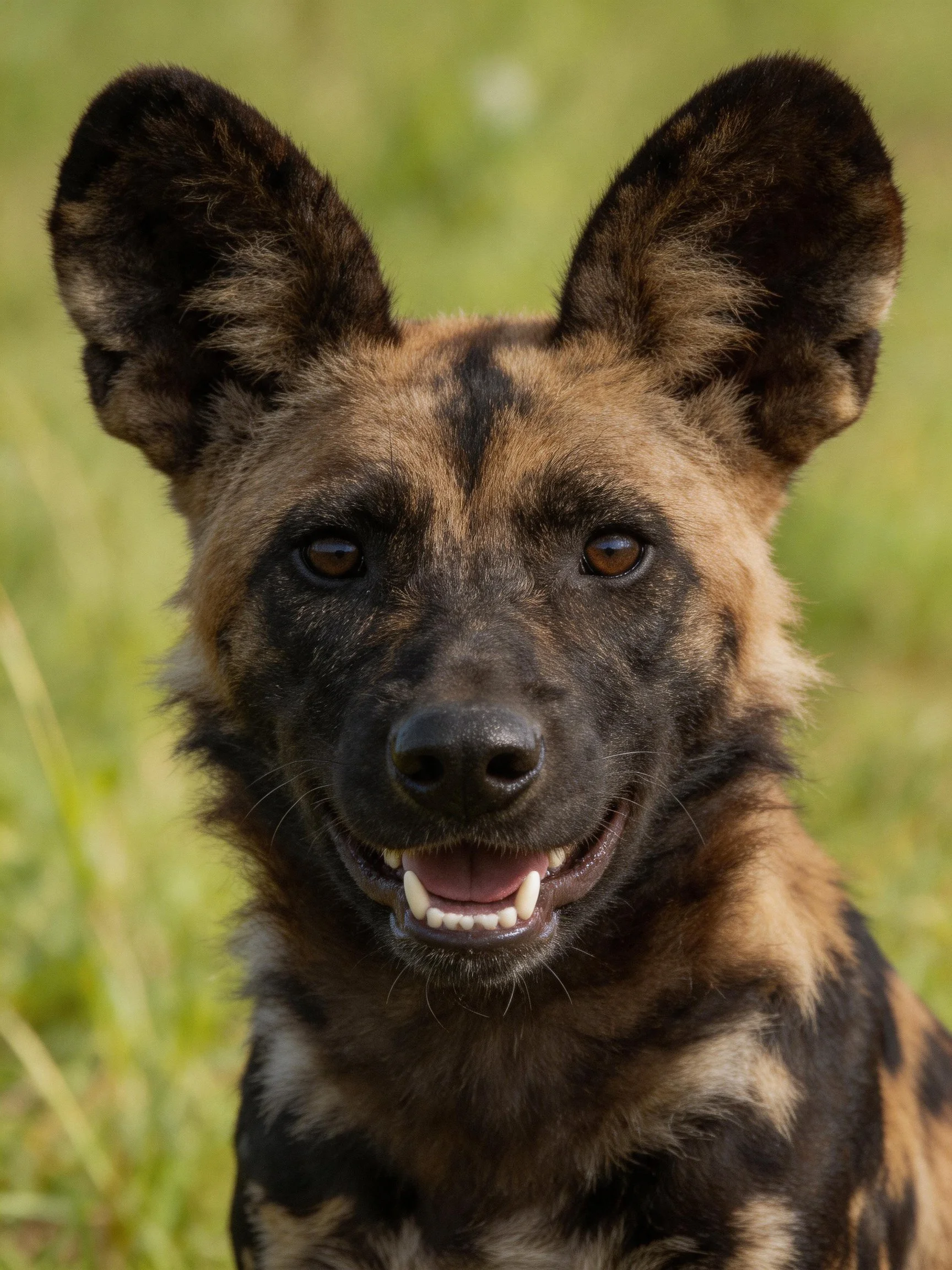 African wild dog with large ears and brown-black spotted coat